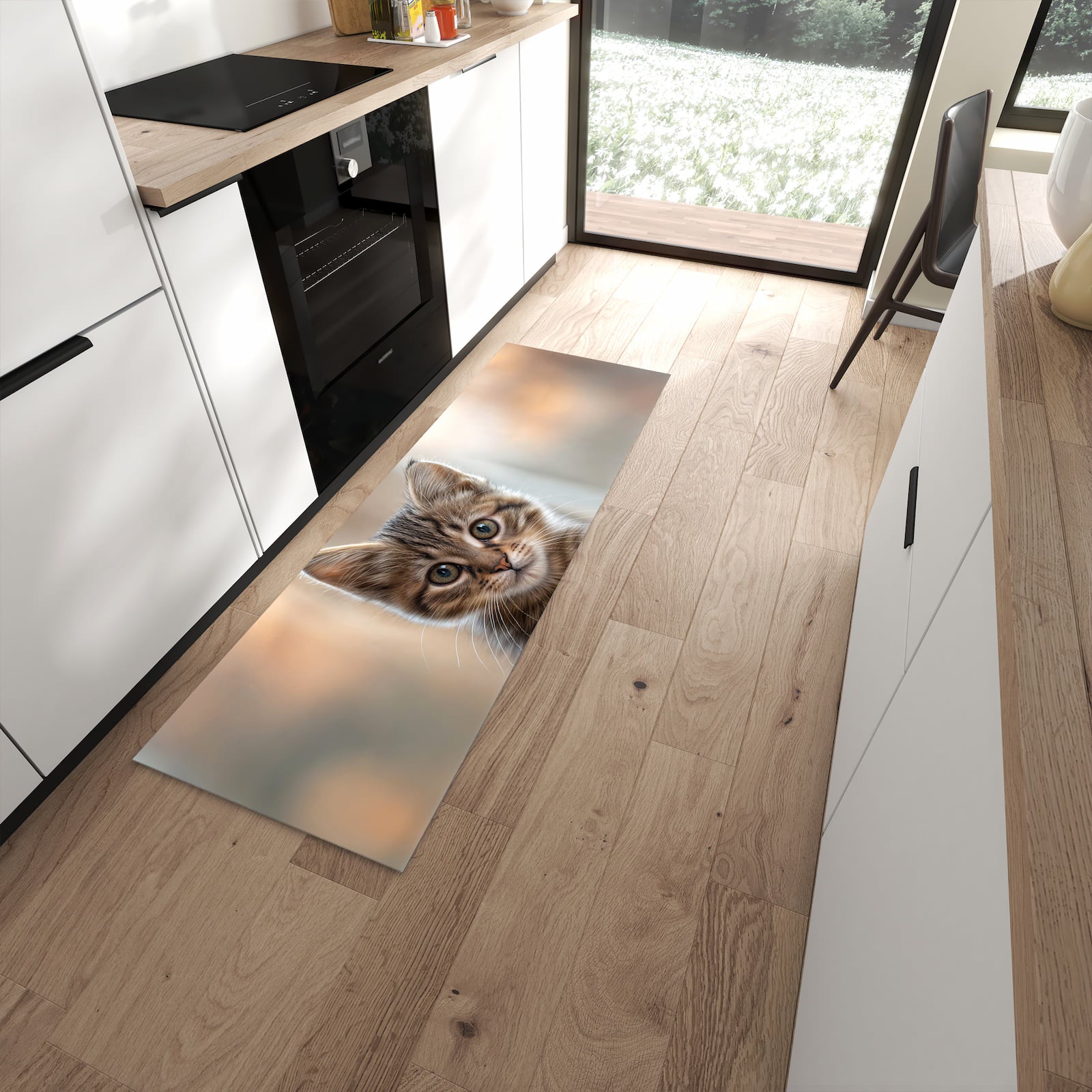 Pflegeleichter Küchenläufer mit Motiv Katzenjunges in moderner Küche