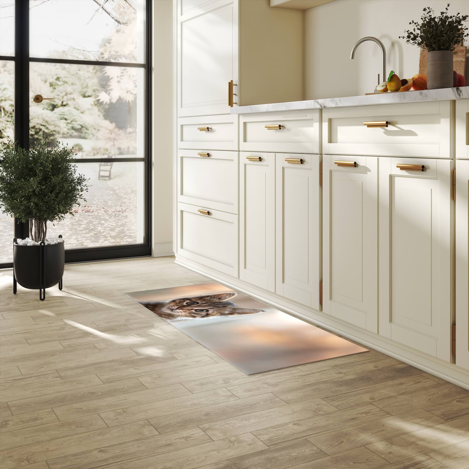 Waschbarer Küchenläufer mit Motiv Katzenjunges in heller Küche für angenehme Haptik