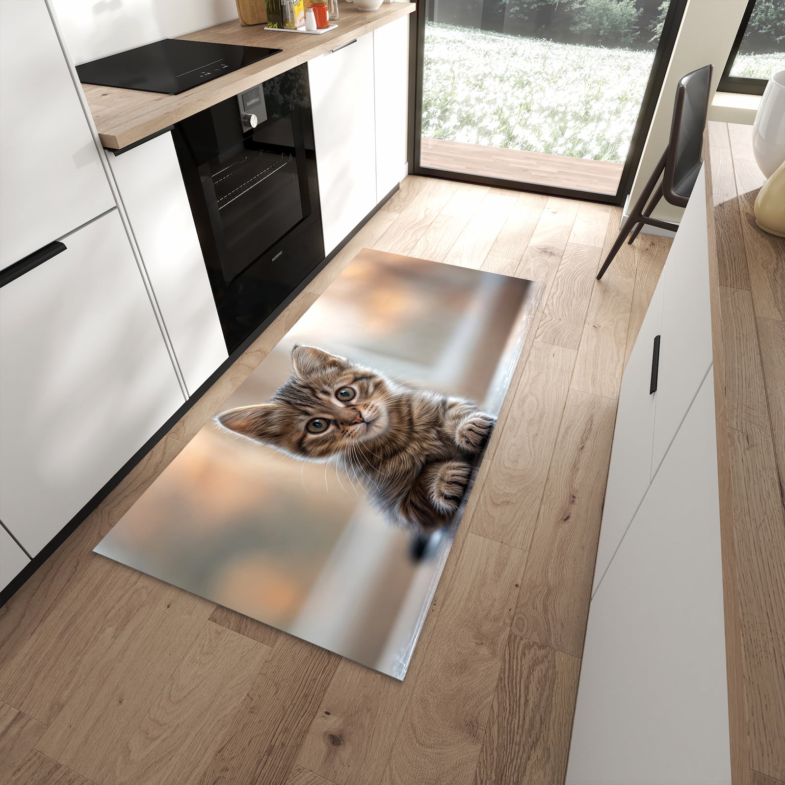 Küchenläufer mit Motiv Katzenjunges für Ordnung im Eingangsbereich moderner Küche