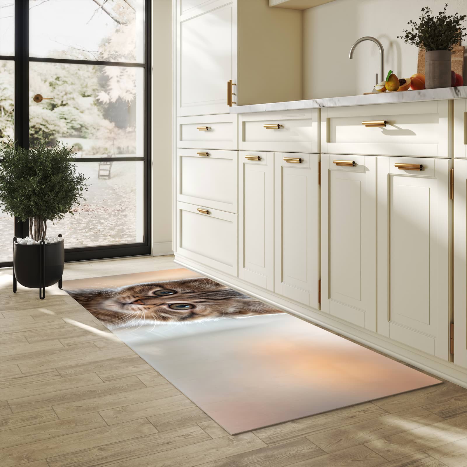 Formstabiler Küchenteppich mit Motiv Katzenjunges in heller Küche