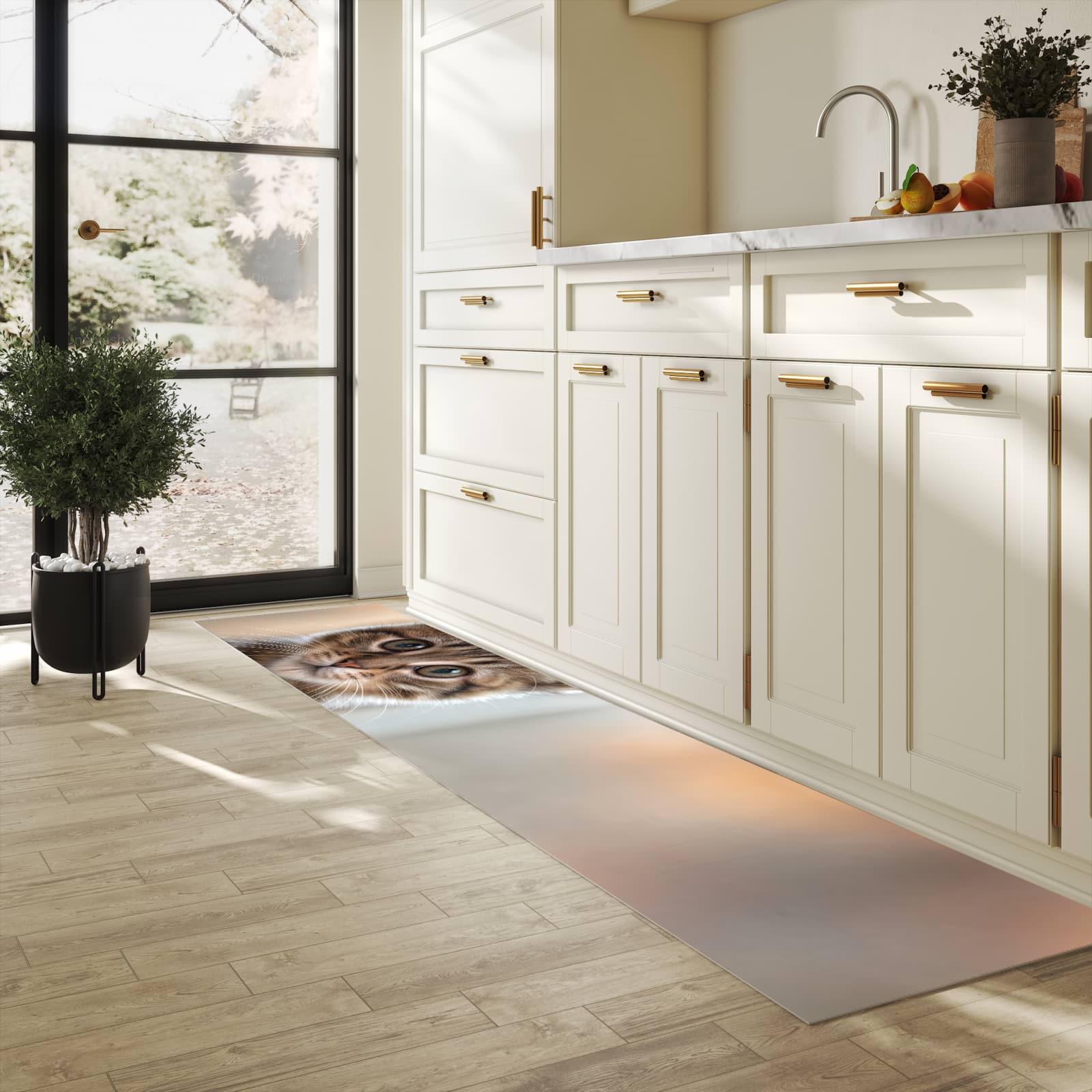 Langlebiger Küchenläufer mit Motiv Katzenjunges in heller Küche