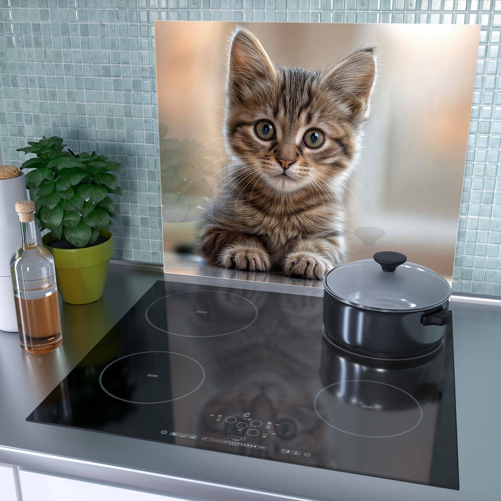 1-teilige Glasplatte für Herd mit Katzenjunges-Motiv als Spritzschutz hinter dem Kochfeld