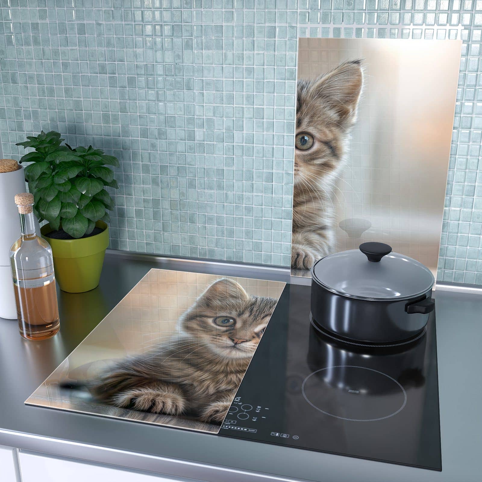 2-teilige Abdeckplatten für Herd mit Katzenjunges-Motiv als Spritzschutz hinter dem Kochfeld