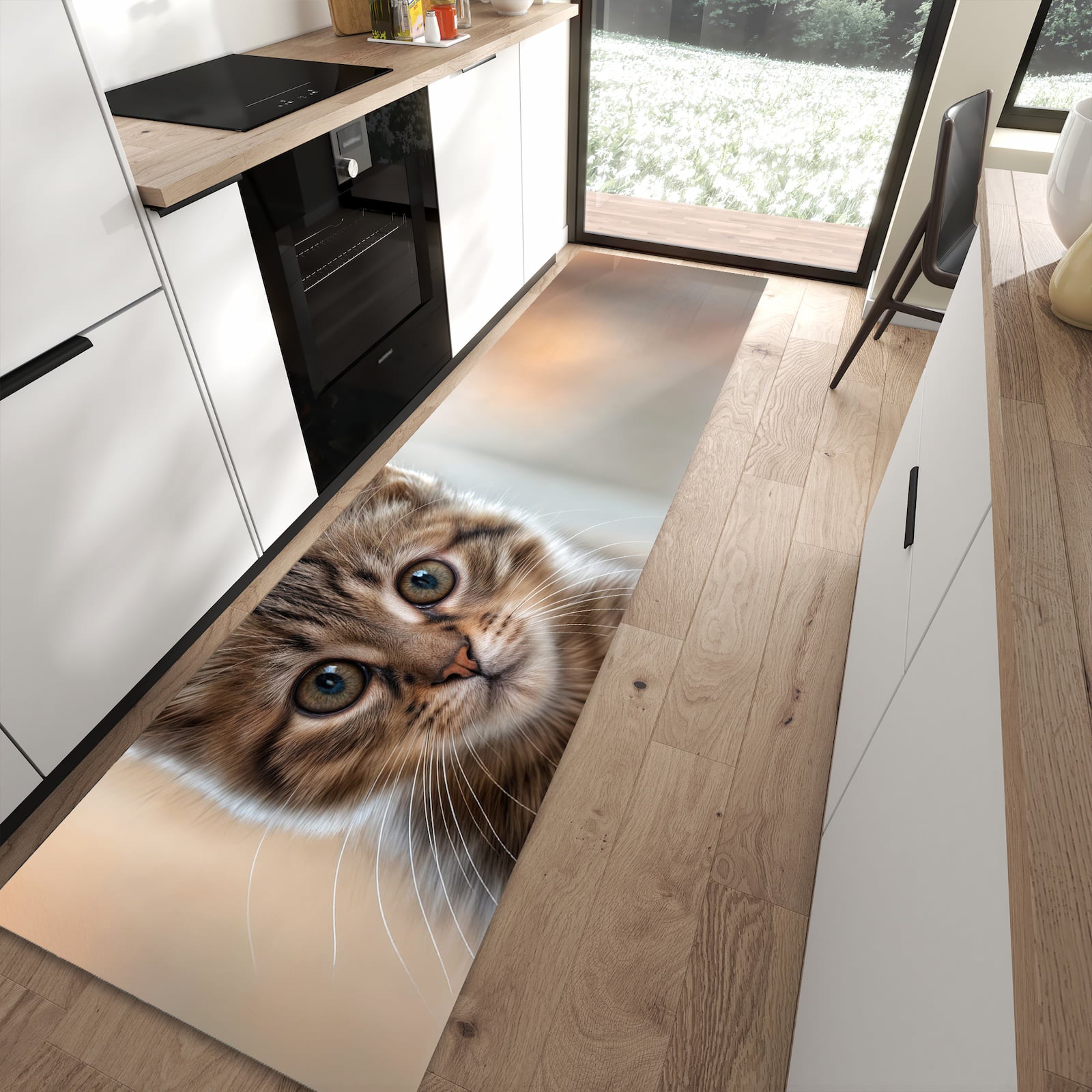 Bodenschonender langer Teppich mit Motiv Katzenjunges in moderner Küche