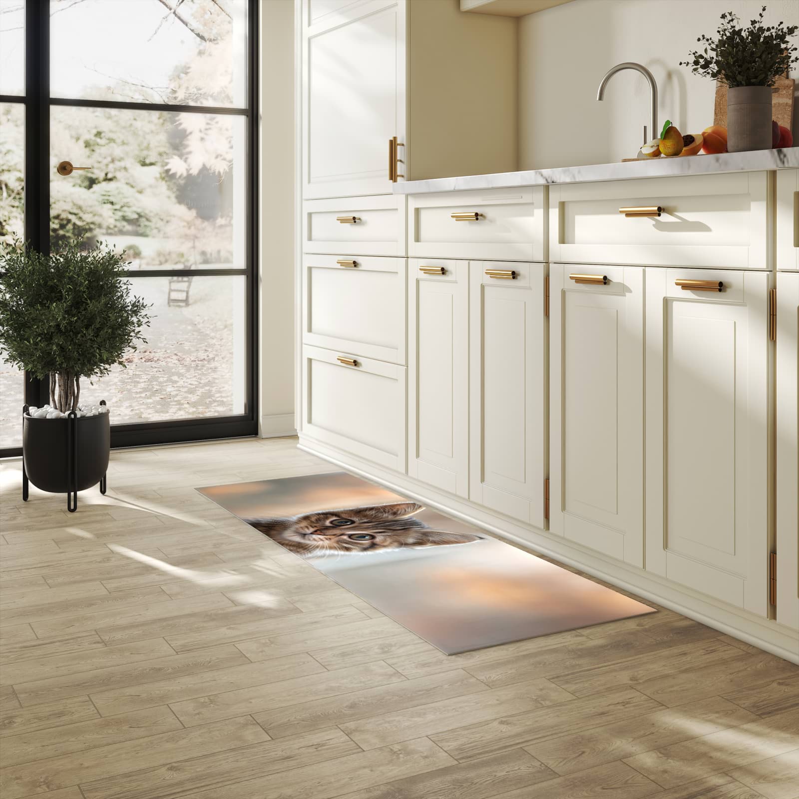 Hygienischer moderner Küchenläufer mit Motiv Katzenjunges in heller Küche