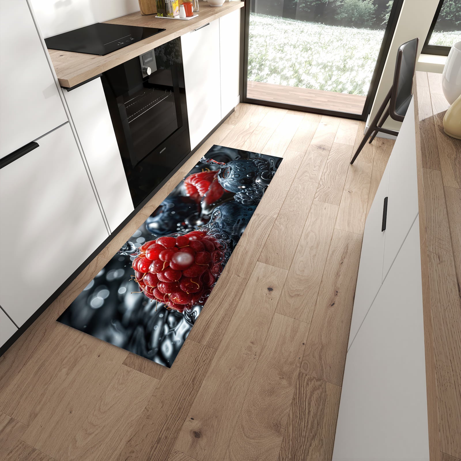 Geräuschdämpfender abwaschbarer Küchenläufer mit Motiv Früchte im Wasser in moderner Küche