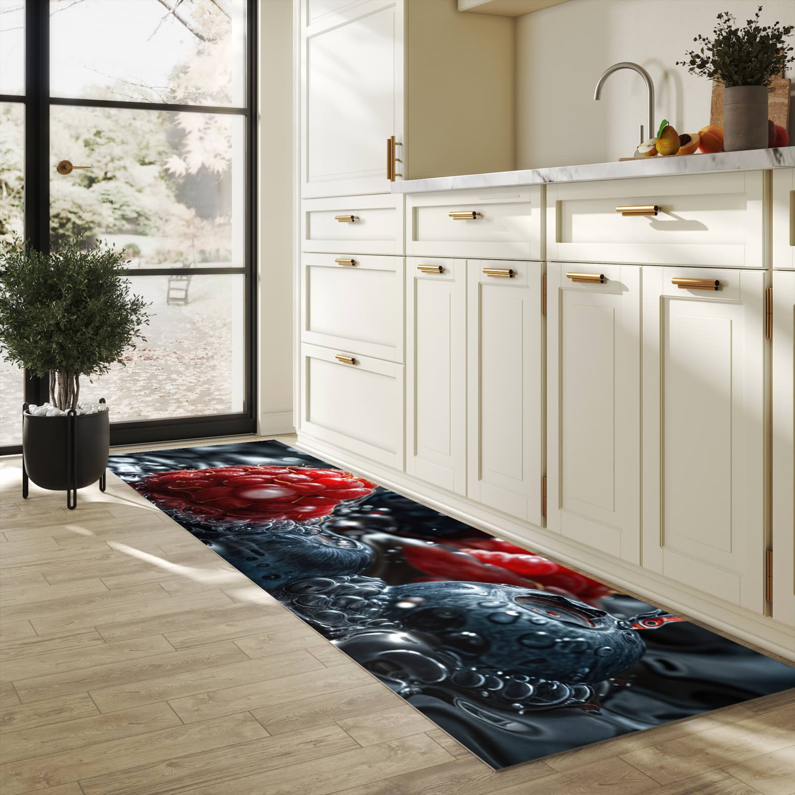 Pflegeleichter waschbarer Küchenläufer mit Motiv Früchte im Wasser in heller Küche