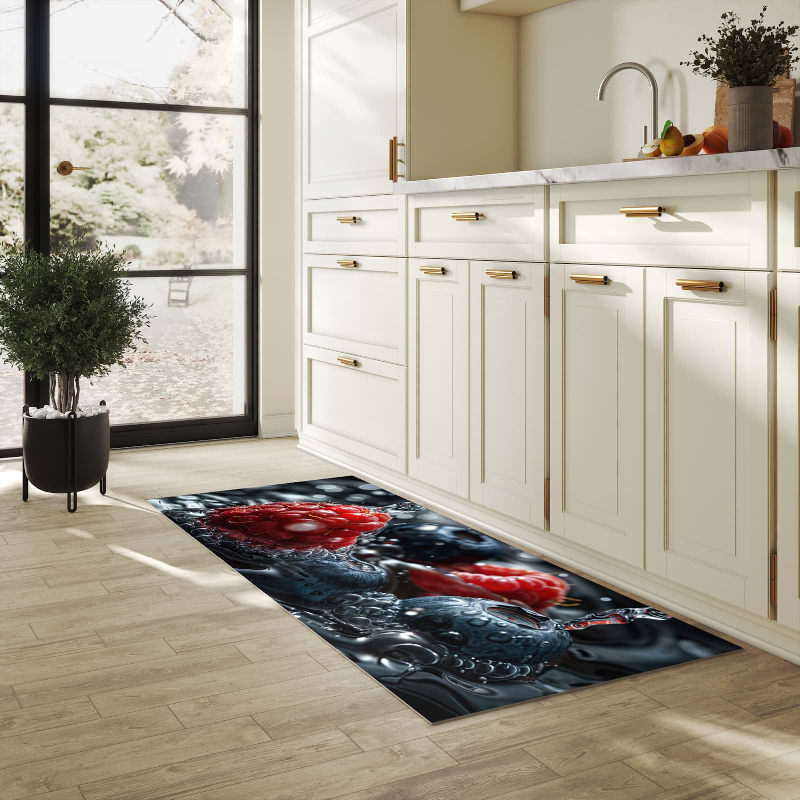 Geruchsneutraler rutschfester Küchenläufer mit Motiv Früchte im Wasser in heller Küche