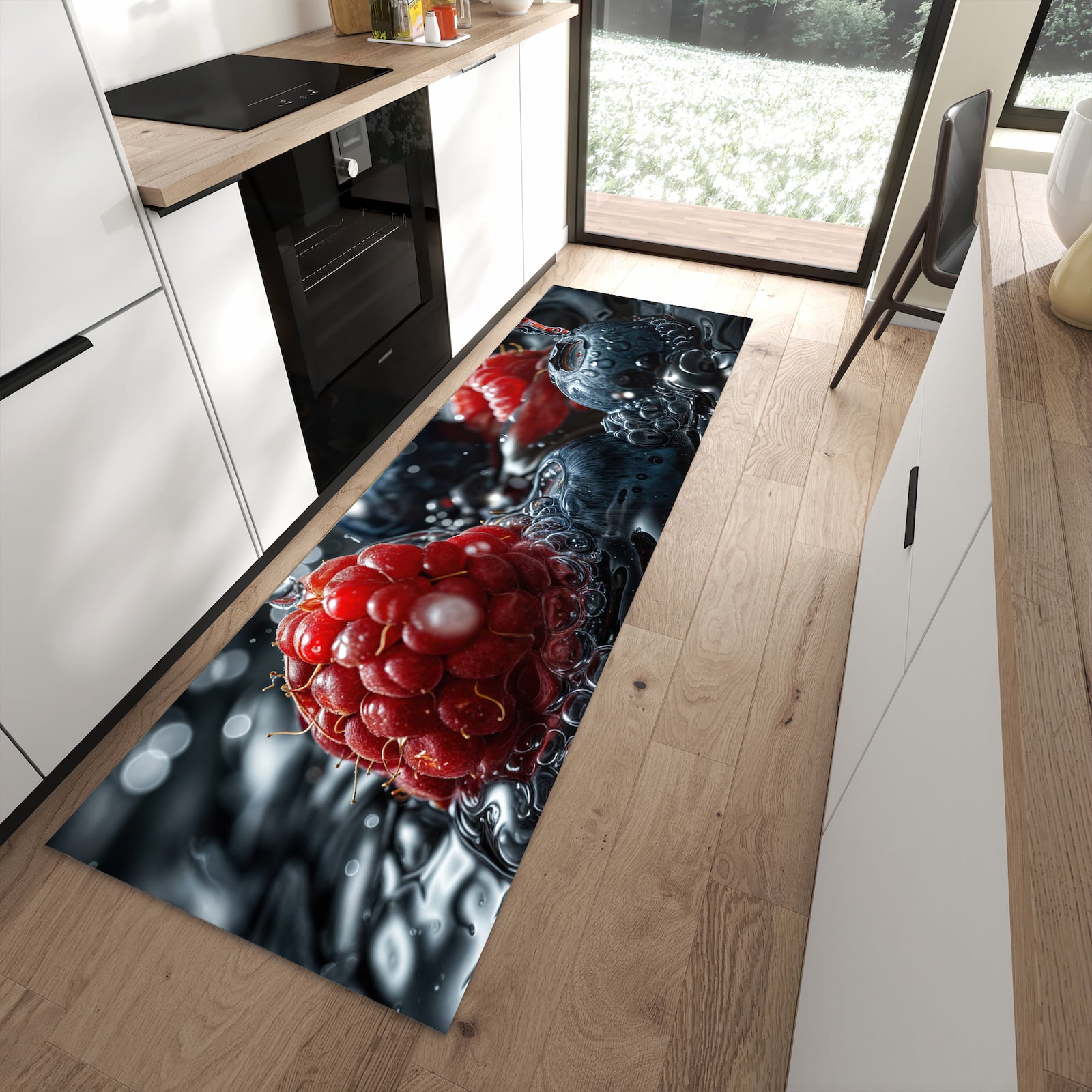 Schmutzabweisender Teppich für die Küche mit Motiv Früchte im Wasser in moderner Küche