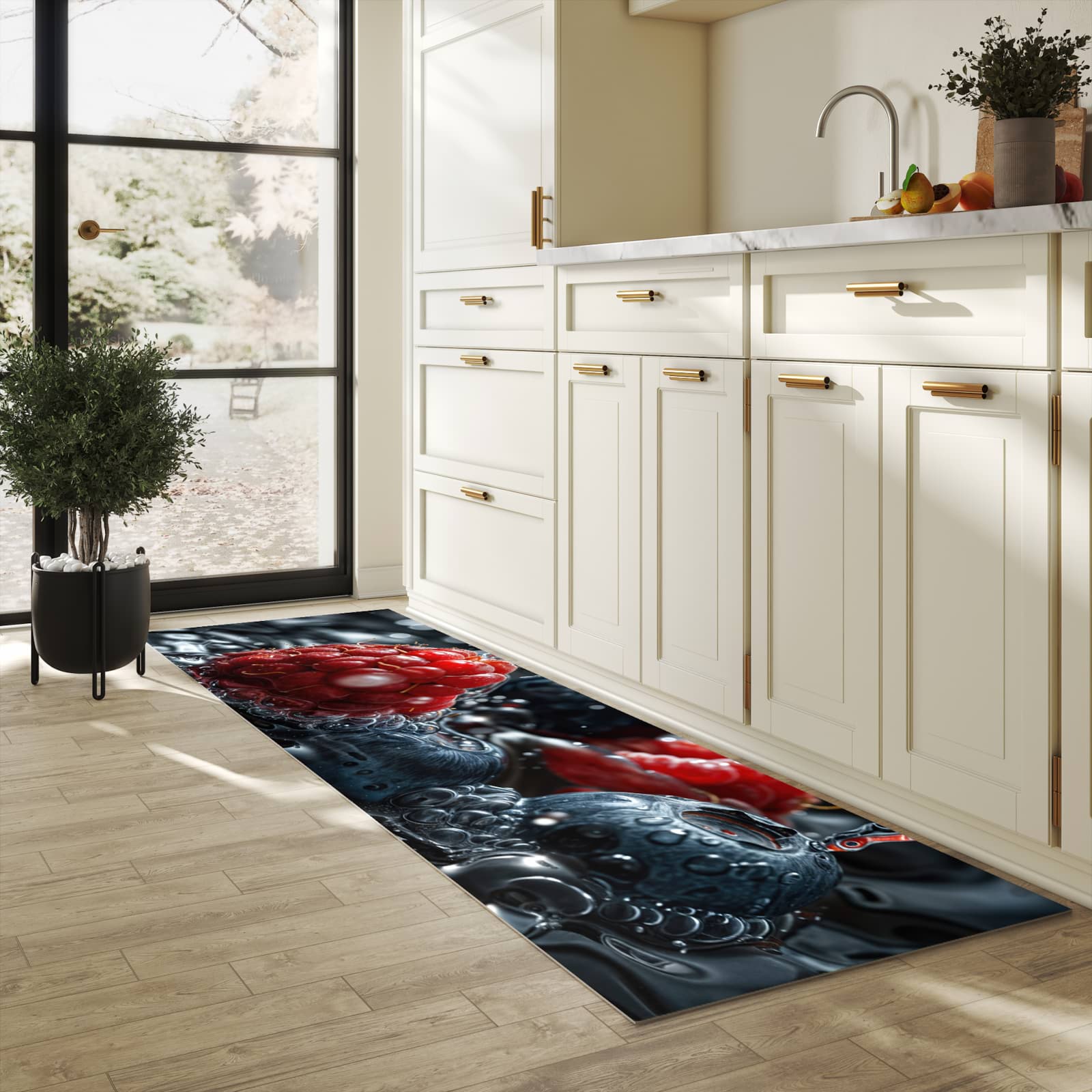 Flacher rutschfester Küchenläufer mit Motiv Früchte im Wasser in heller Küche