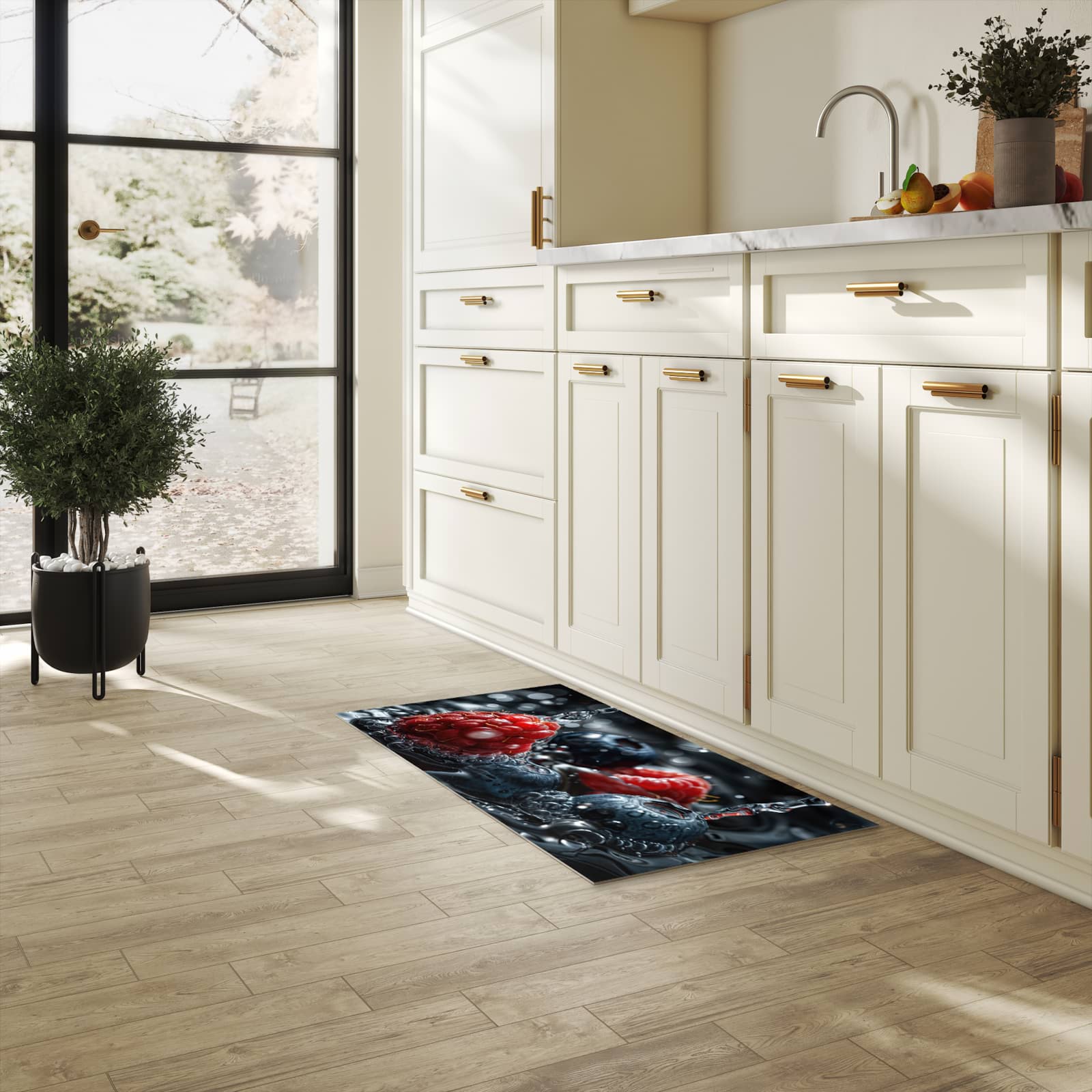 Geräuschdämpfender waschbarer Küchenteppich mit Motiv Früchte im Wasser in heller Küche