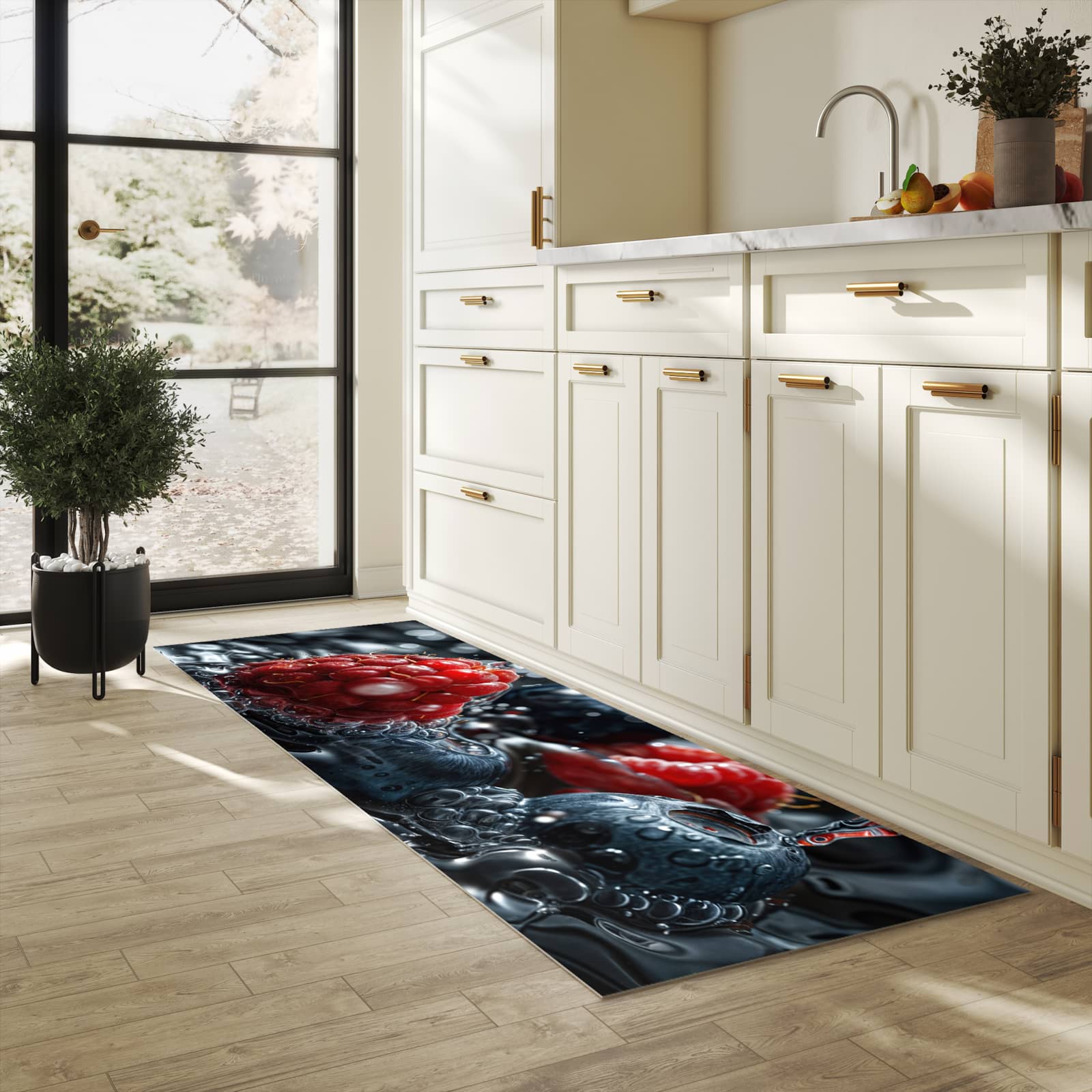 Langlebiger rutschfester Küchenläufer mit Motiv Früchte im Wasser in heller Küche