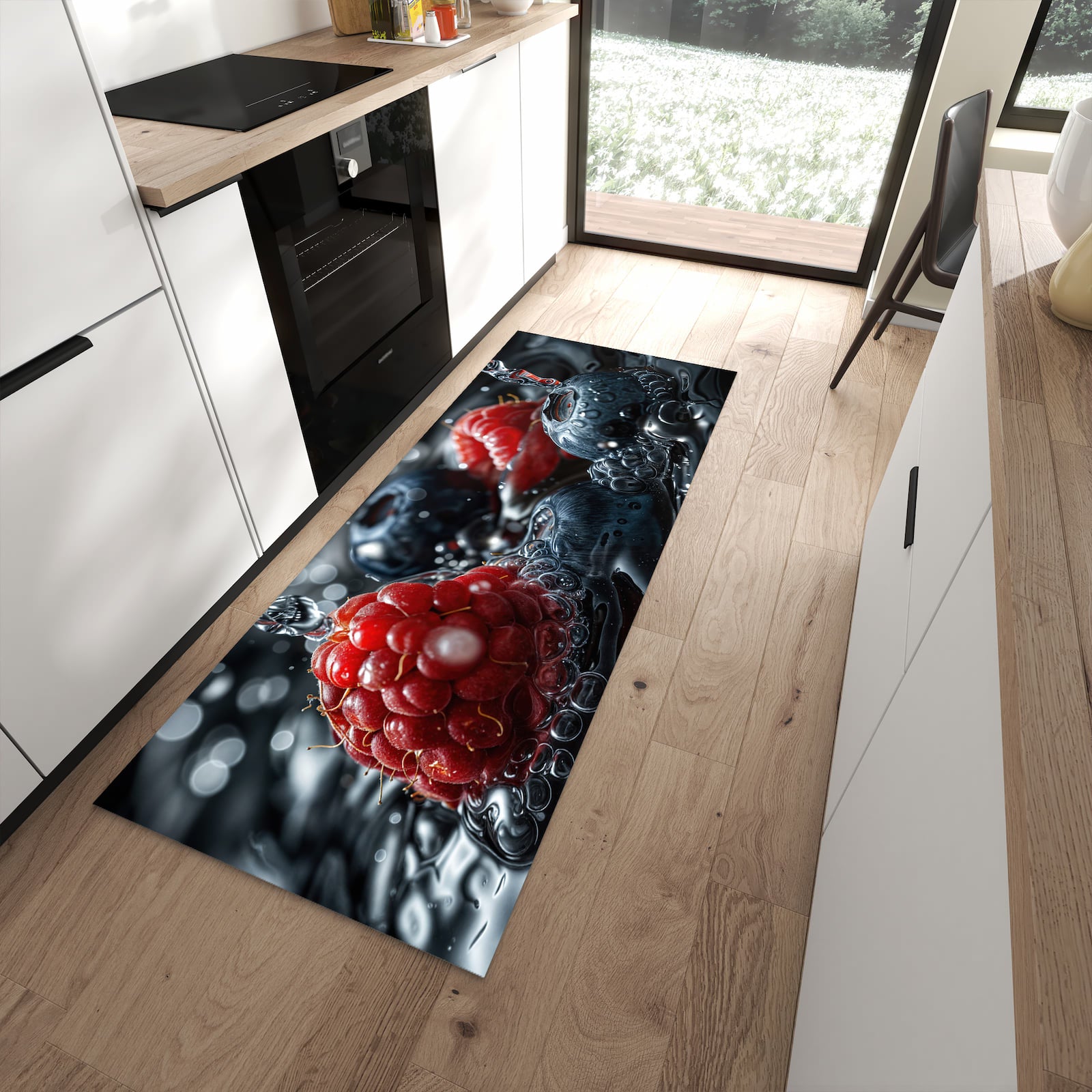 Fleckenresistenter Küchenteppich mit Motiv Früchte im Wasser in moderner Küche