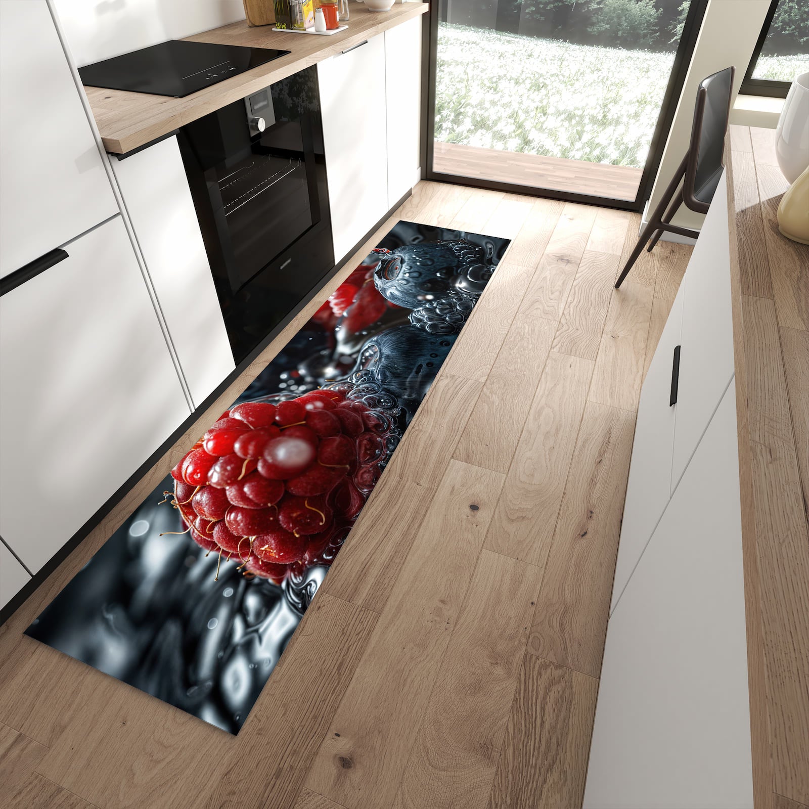 Abriebfester Küchenteppich mit Motiv Früchte im Wasser in moderner Küche