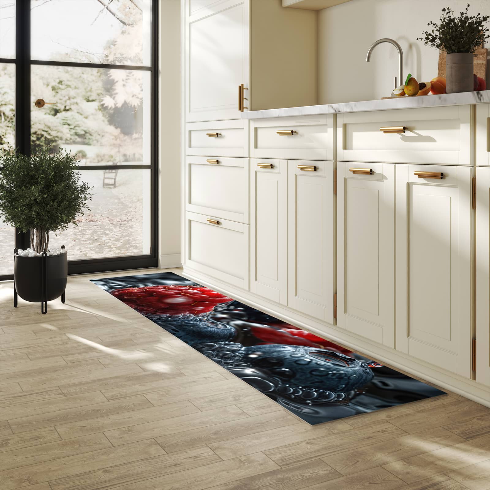 Wasserabweisender Küchenläufer mit Motiv Früchte im Wasser in heller Küche