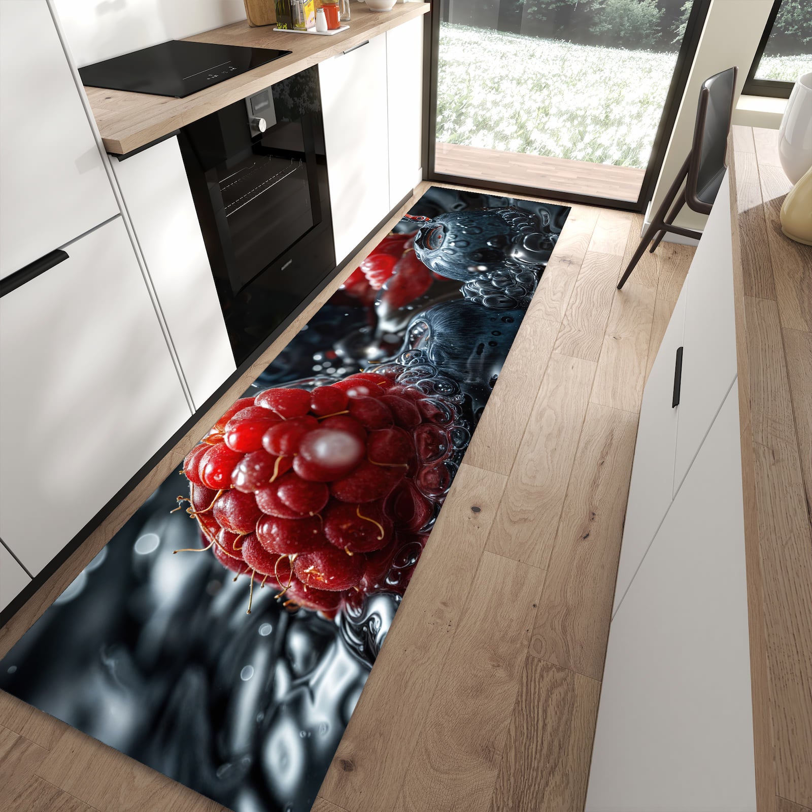 Langlebiger Küchenteppich mit Motiv Früchte im Wasser in moderner Küche