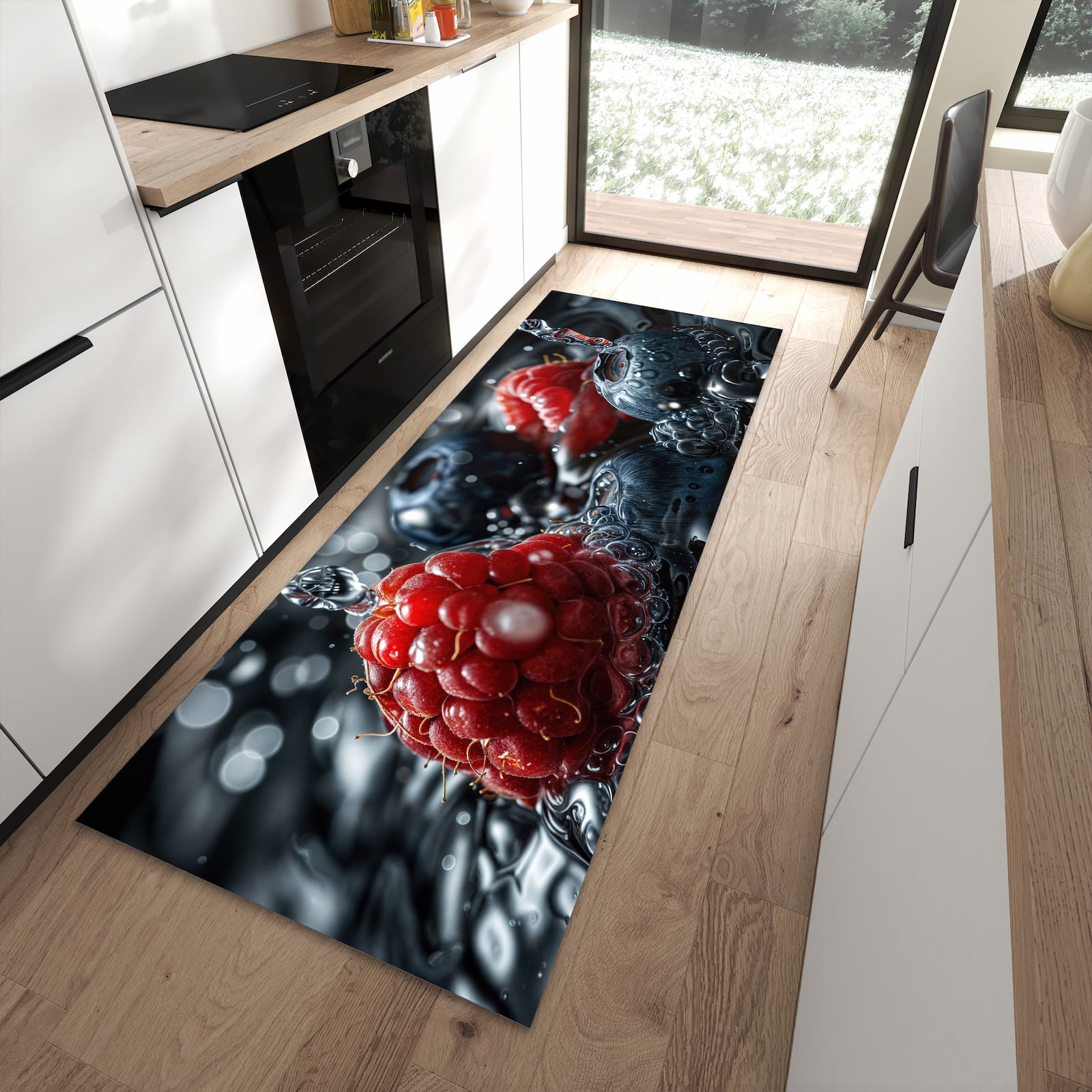 Pflegeleichter Läufer für die Küche mit Motiv Früchte im Wasser in moderner Küche