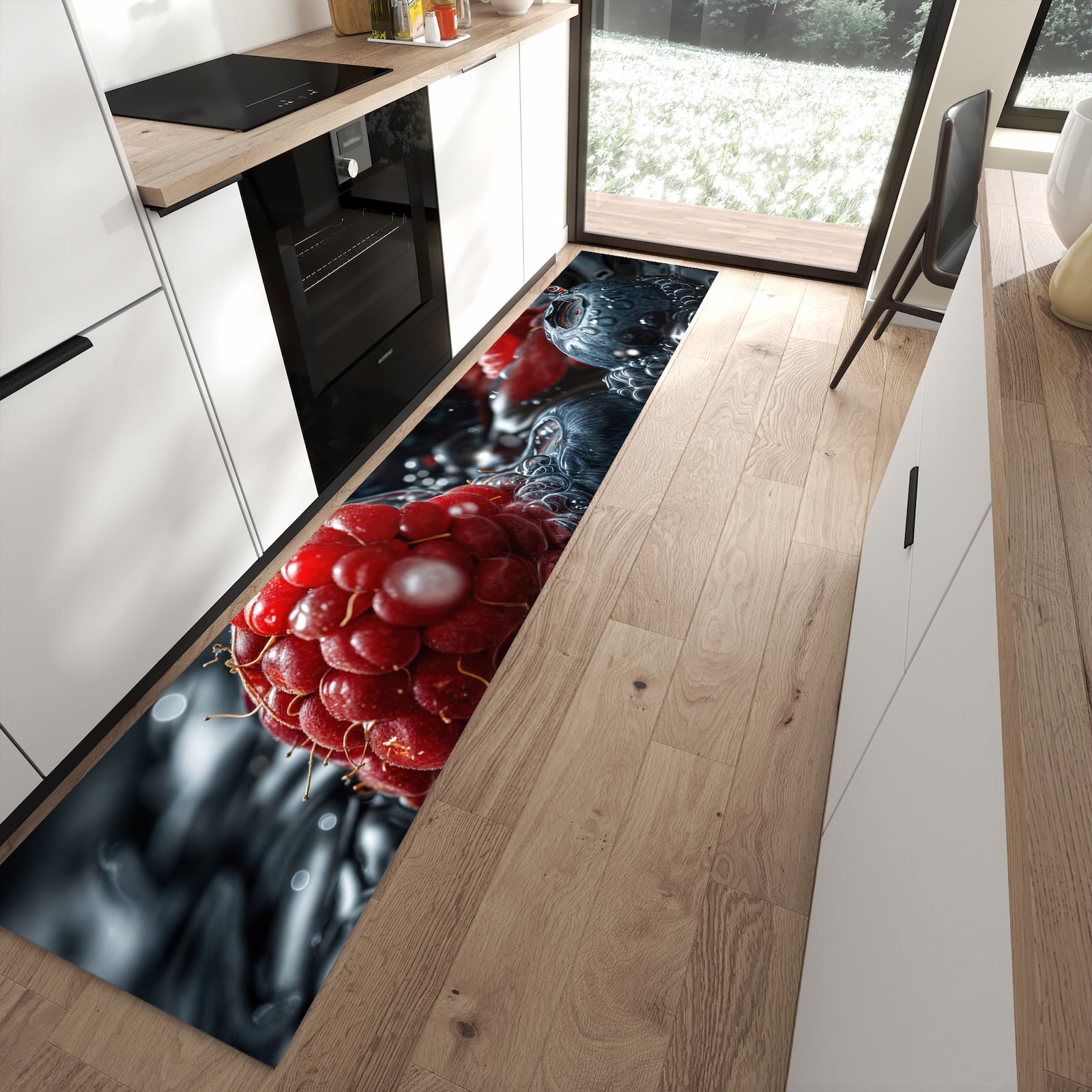 Komfortabler Küchenteppich mit Motiv Früchte im Wasser in moderner Küche