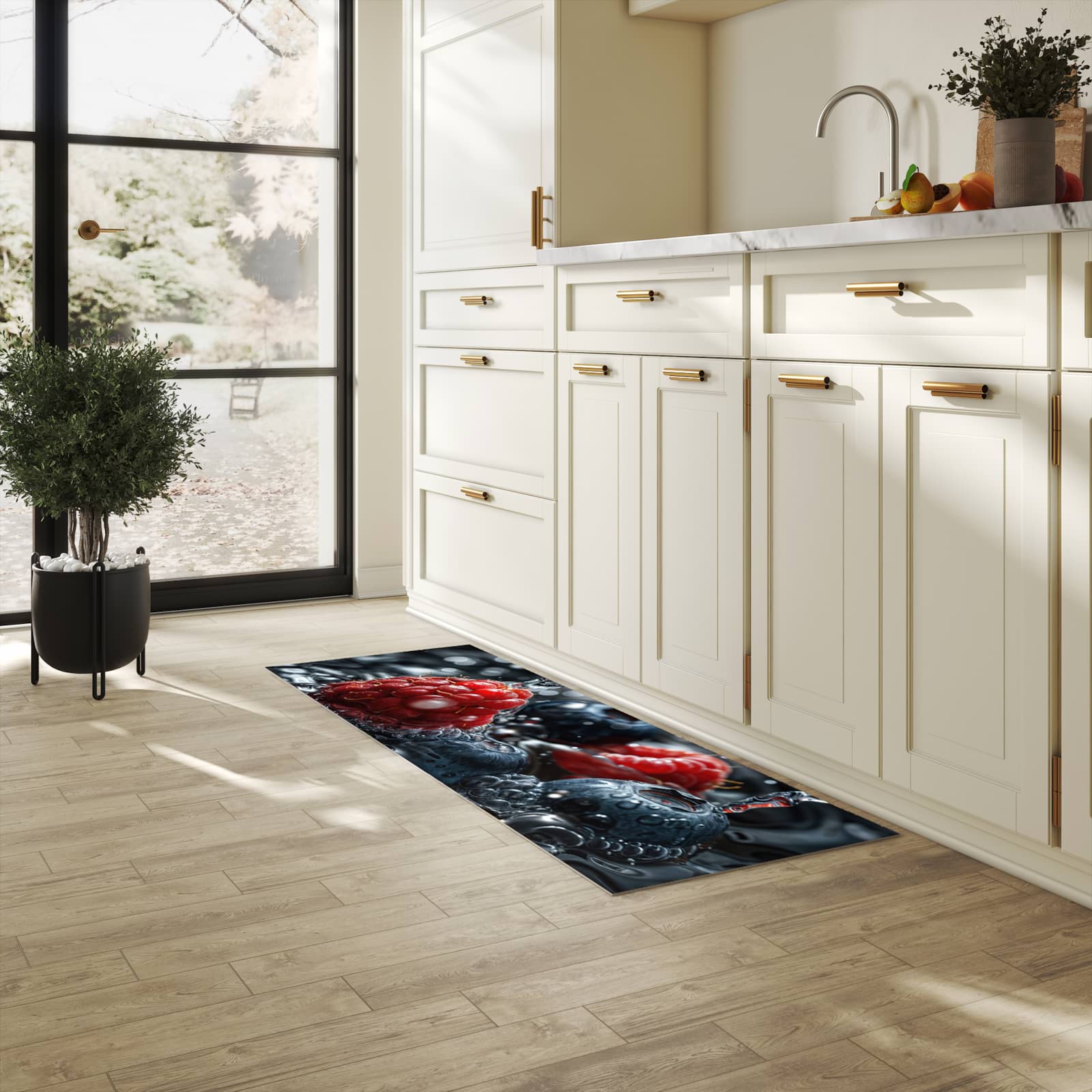 UV-beständiger Küchenteppich mit Motiv Früchte im Wasser in heller Küche