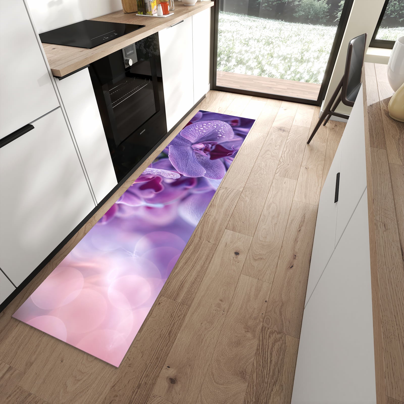 Strapazierfähiger Küchenläufer mit Motiv Orchideenblüten in moderner Küche