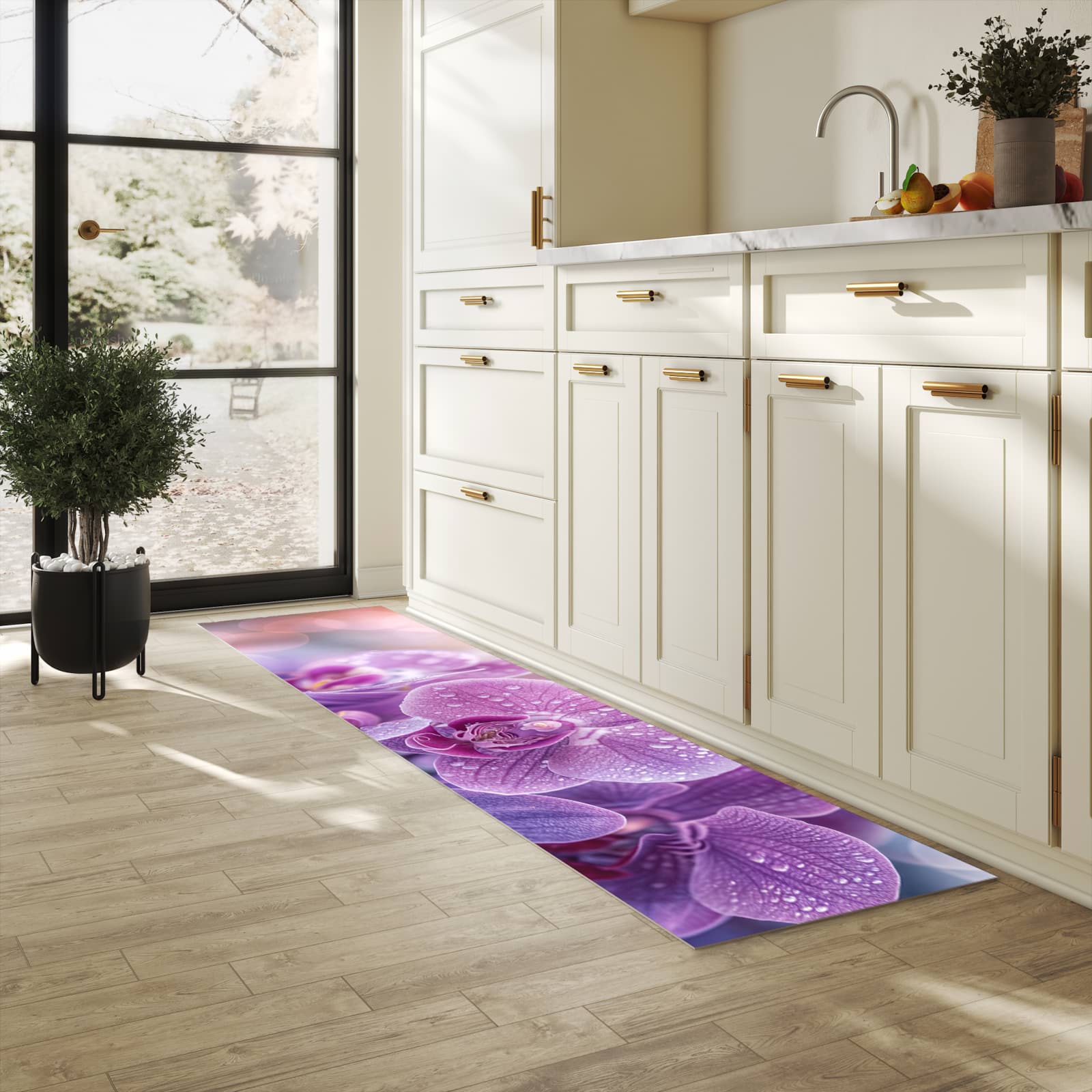 Rutschfester Küchenteppich mit Motiv Orchideenblüten in heller Küche