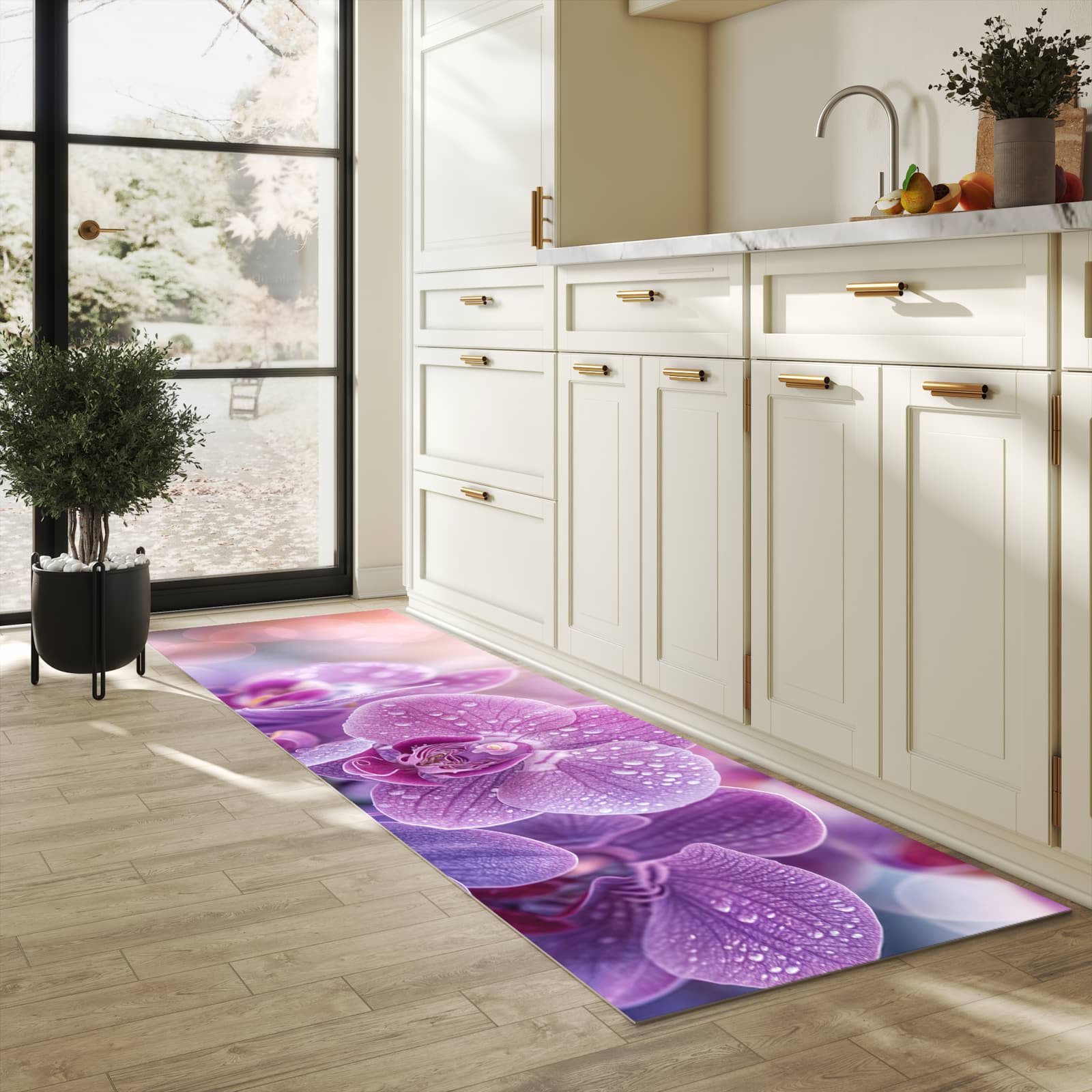 Farbbeständiger Küchenteppich mit Motiv Orchideenblüten in heller Küche