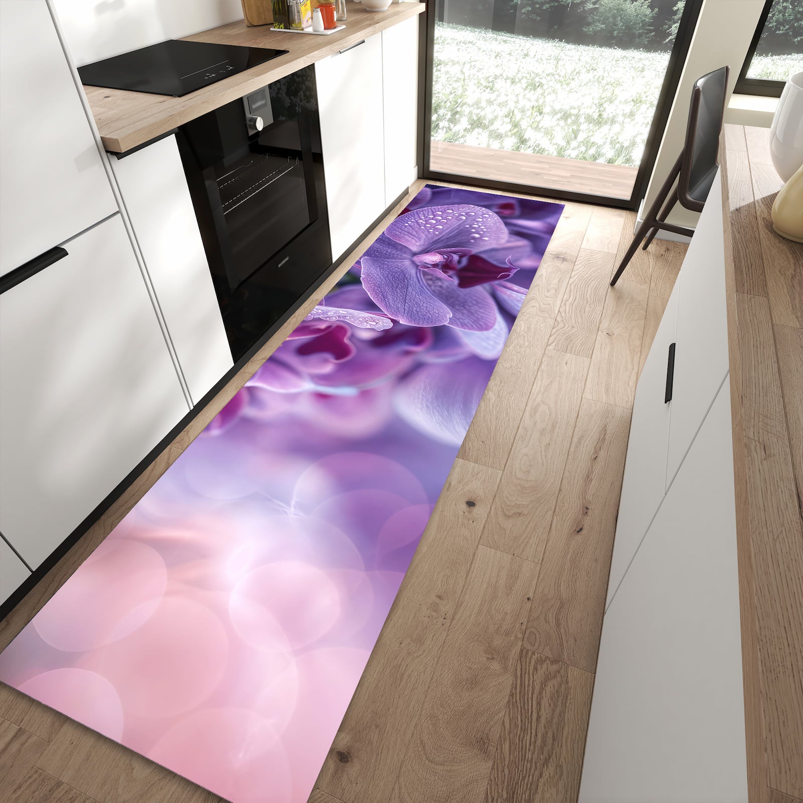 Bodenschonender rutschfester Küchenläufer mit Motiv Orchideenblüten in moderner Küche