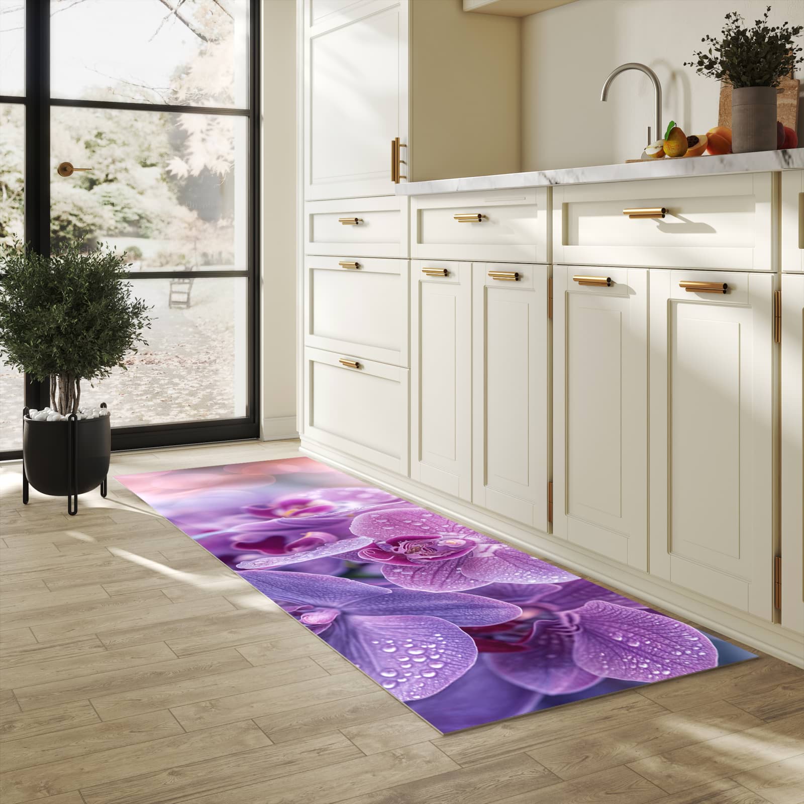 Bodenschonender waschbarer Küchenteppich mit Motiv Orchideenblüten in heller Küche