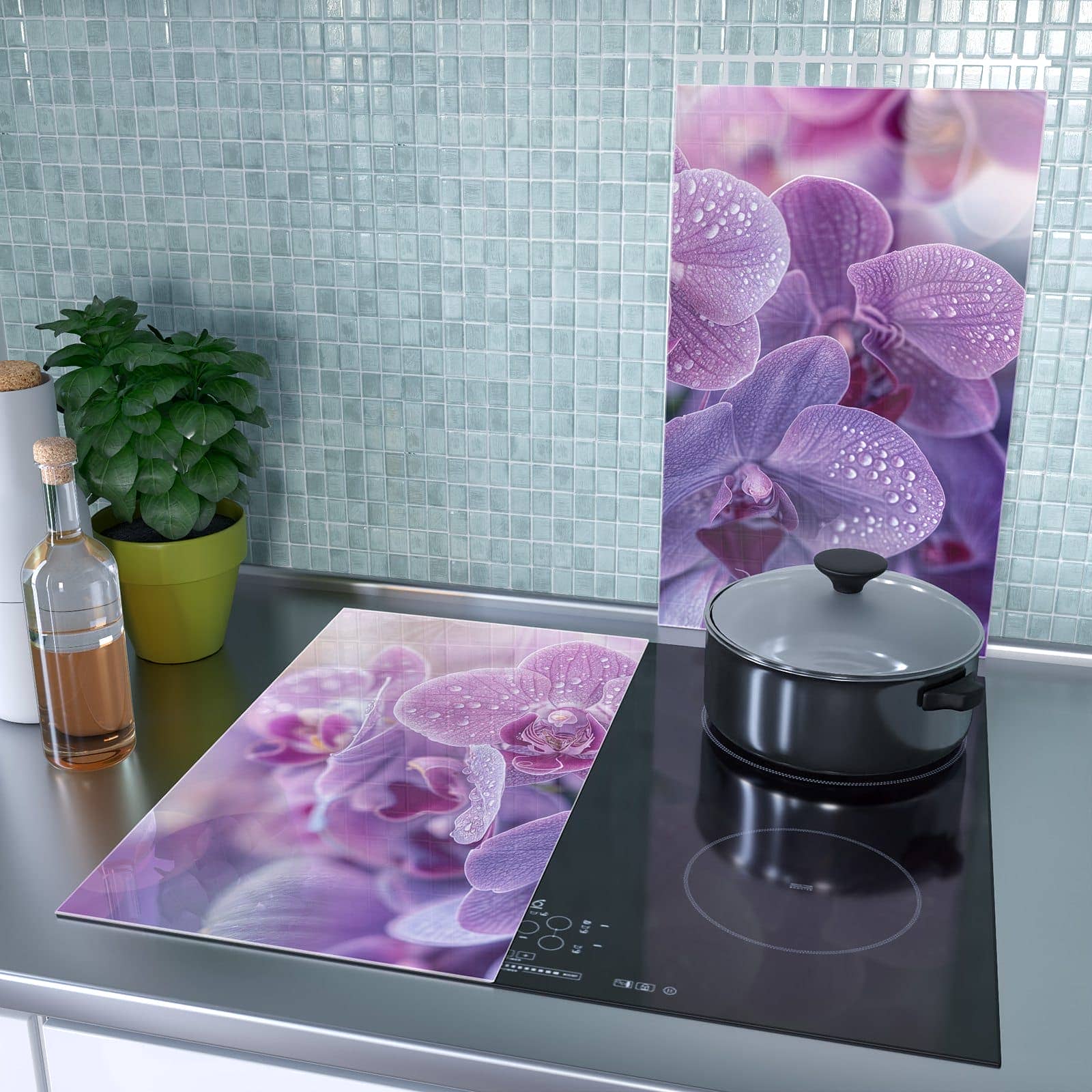 2-teilige Ceranfeldabdeckungen mit Orchideenblüten-Motiv als Spritzschutz hinter dem Kochfeld