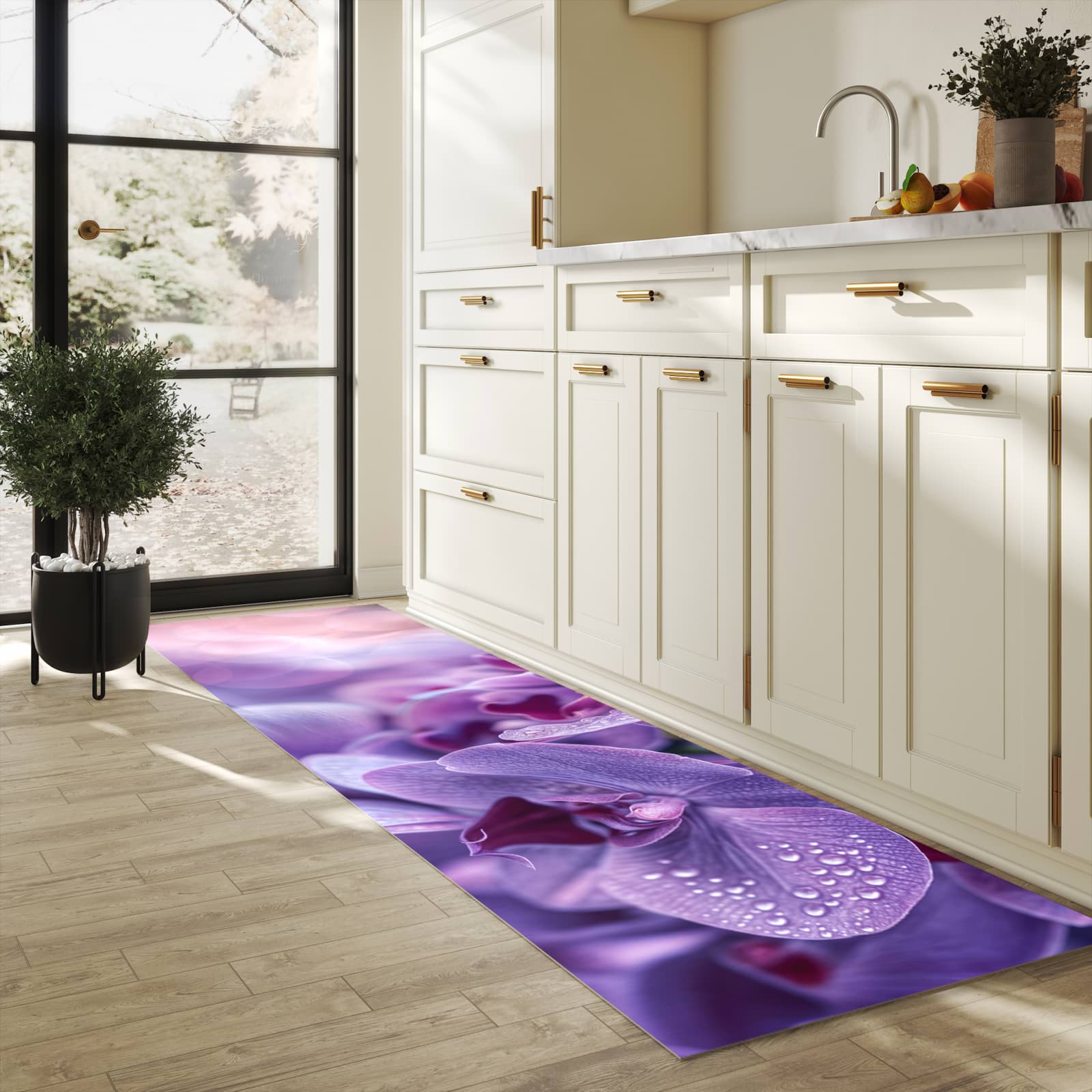 Formstabiler rutschfester Küchenteppich mit Motiv Orchideenblüten in heller Küche