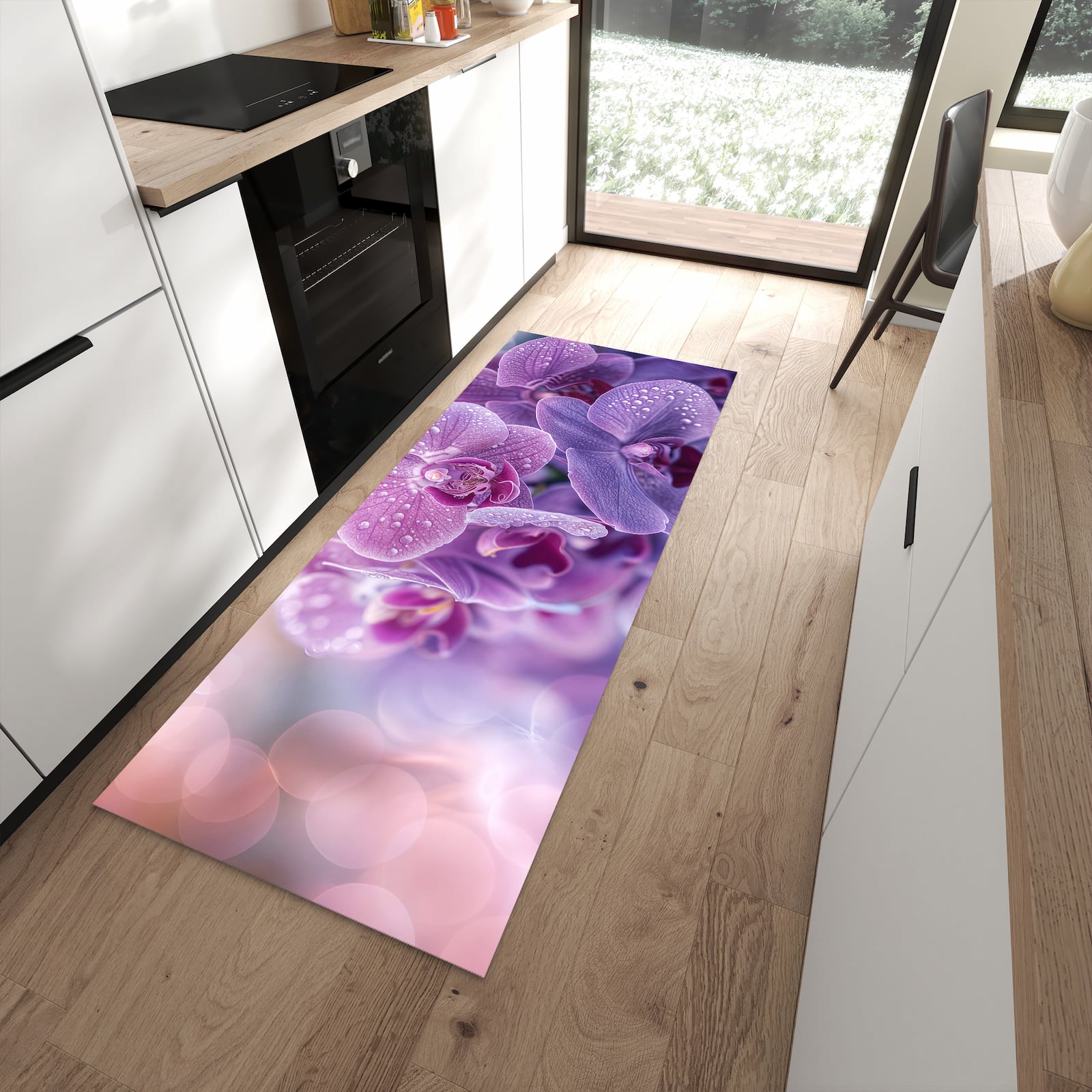 Feuchtigkeitsresistenter rutschfester Küchenläufer mit Motiv Orchideenblüten in moderner Küche