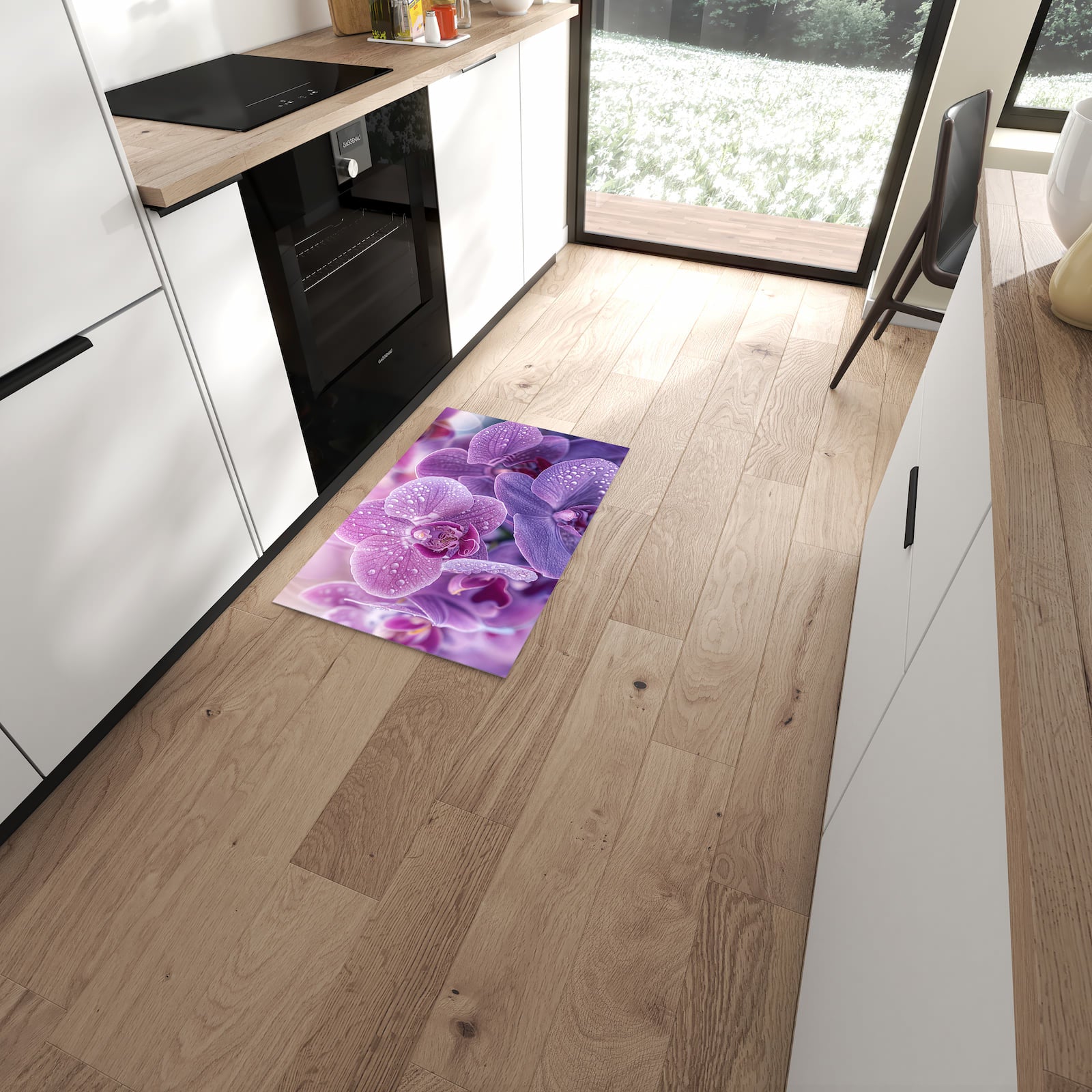 Rutschfester Küchenläufer mit Motiv Orchideenblüten in moderner Küche