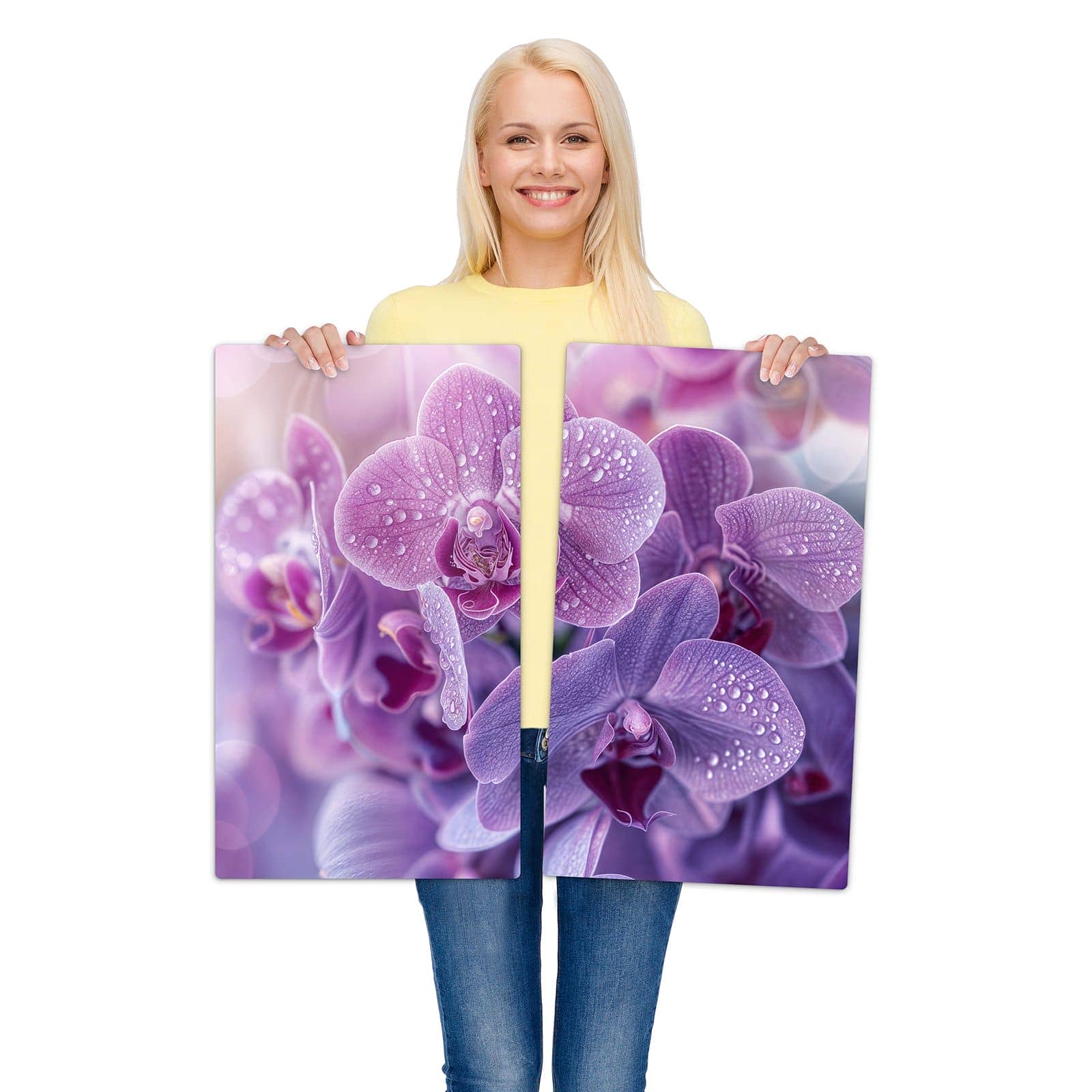 2-teilige Herdabdeckplatte aus Glas mit Orchideenblüten-Motiv wird zur Größendarstellung gehalten