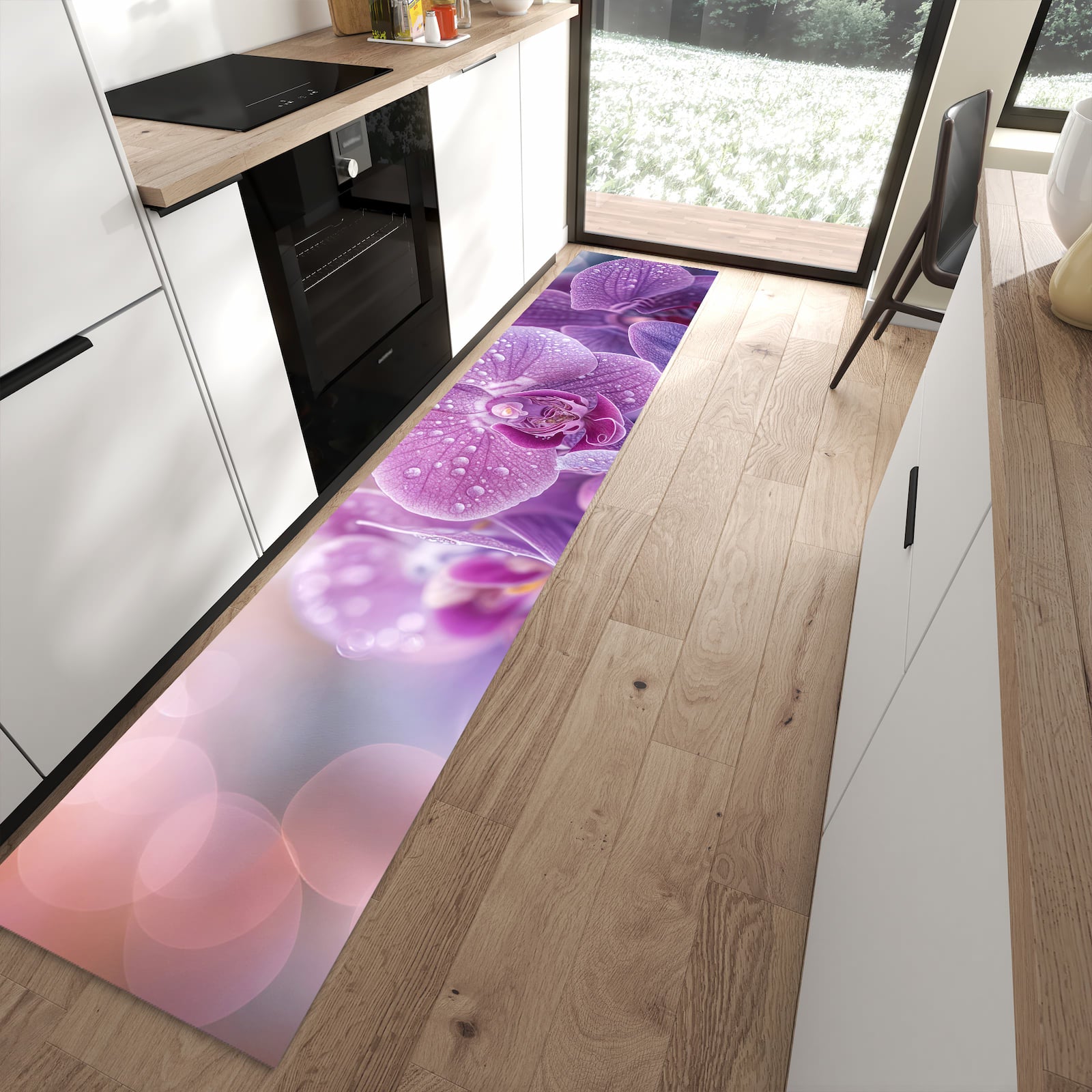 Langlebiger Küchenläufer mit Motiv Orchideenblüten in moderner Küche