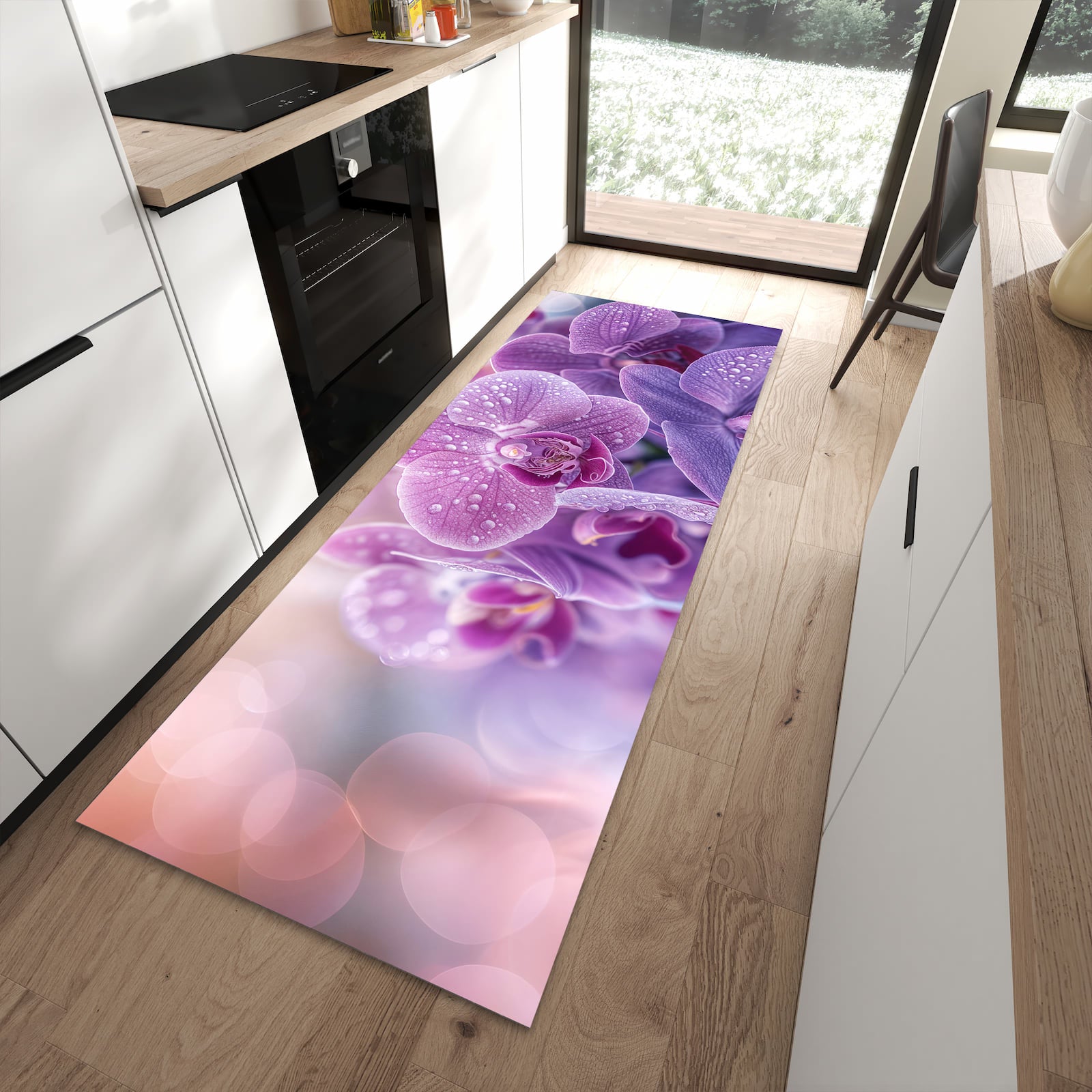 Formstabiler Küchenläufer nach Maß mit Motiv Orchideenblüten in moderner Küche