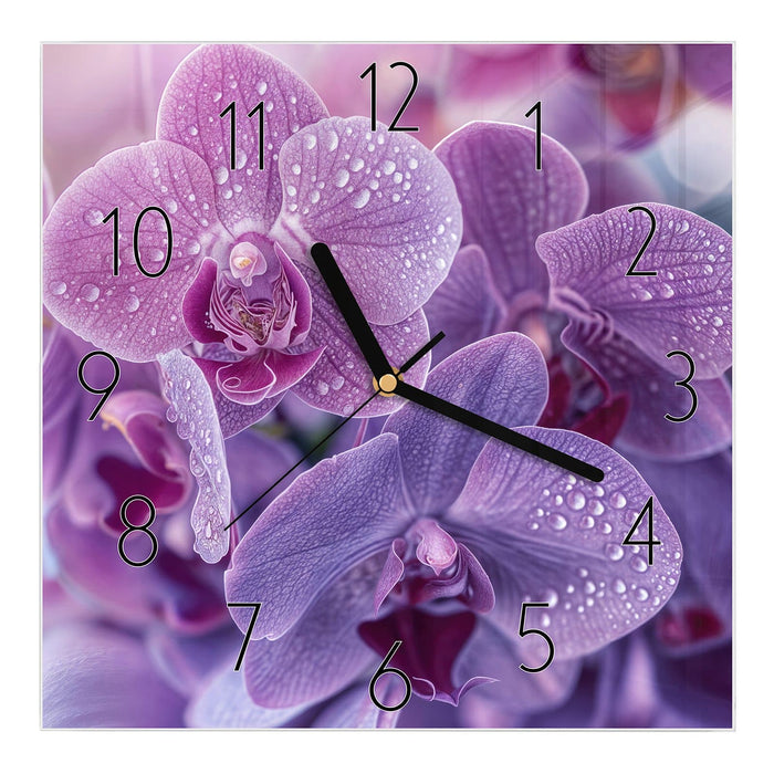 Wanduhr Orchideenblüten aus Glas – Quadratisch 30 × 30 cm mit Ziffernblatt Elegant