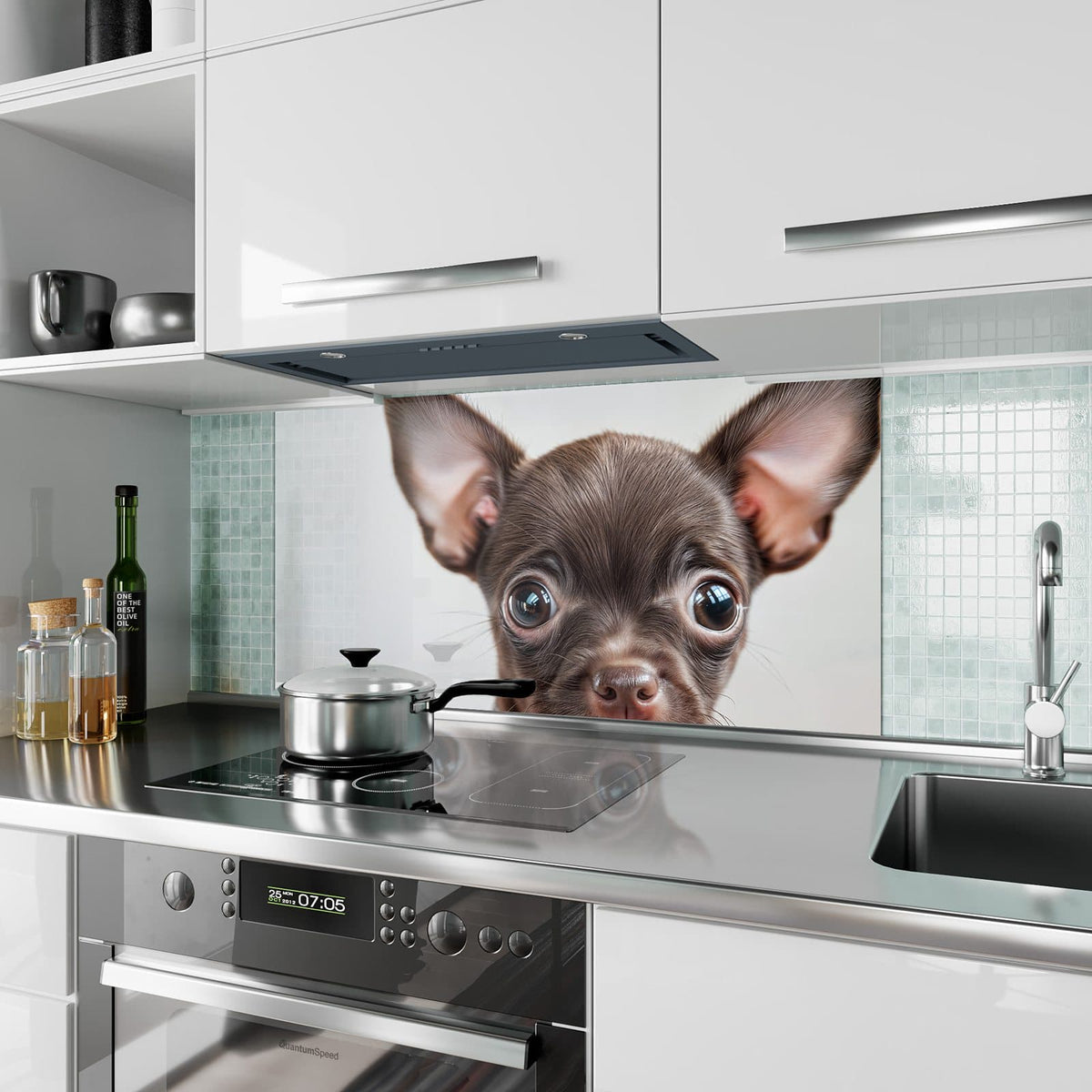 Küchenrückwand aus Glas Chihuahua mit Halsband im Hochformat als Spritzschutz hinter dem Kochfeld, über dem Fliesenspiegel montiert