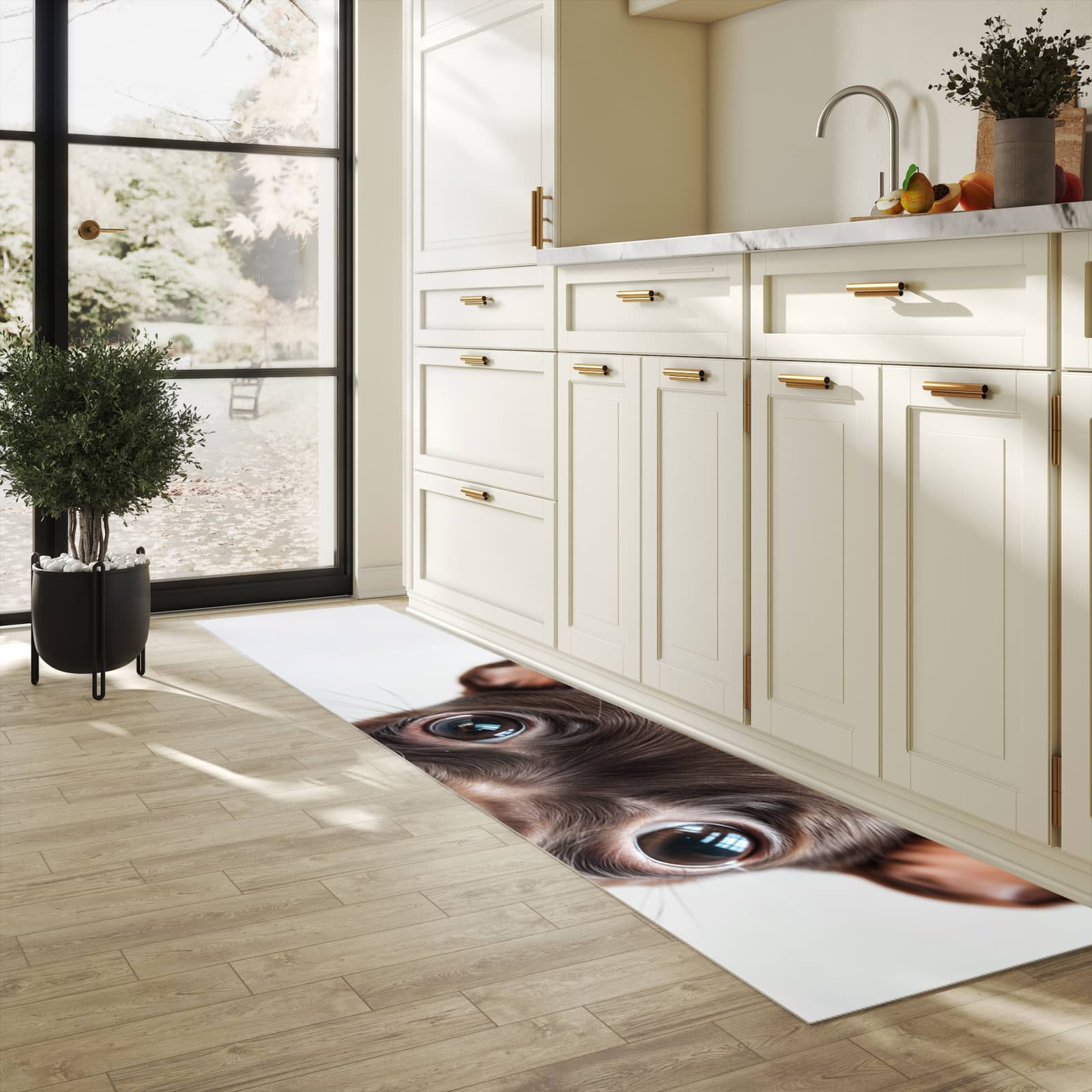 Geruchsneutraler Küchenläufer mit Motiv Niedlicher Welpenblick in heller Küche