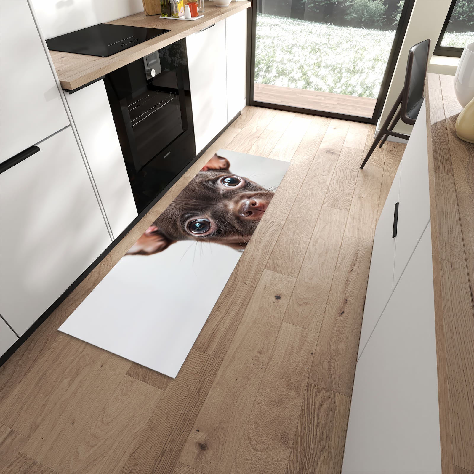 UV-beständiger waschbarer Teppich für Esstisch mit Motiv Niedlicher Welpenblick in moderner Küche