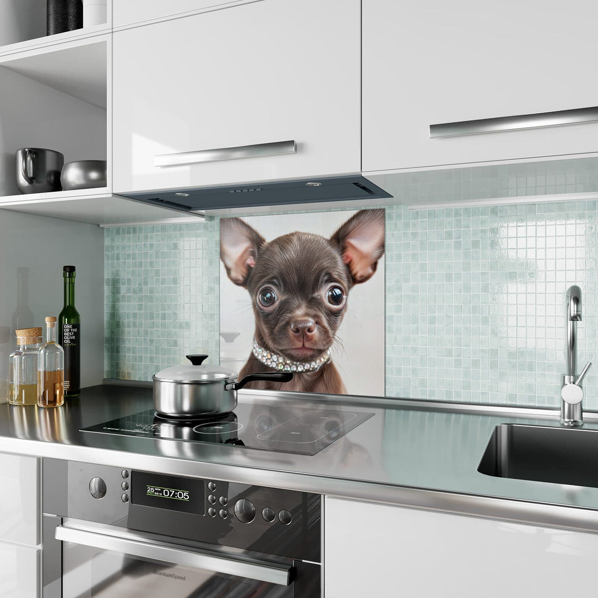 Küchenrückwand aus Glas Chihuahua mit Halsband im quadratischen Format als Spritzschutz hinter dem Kochfeld, über dem Fliesenspiegel montiert