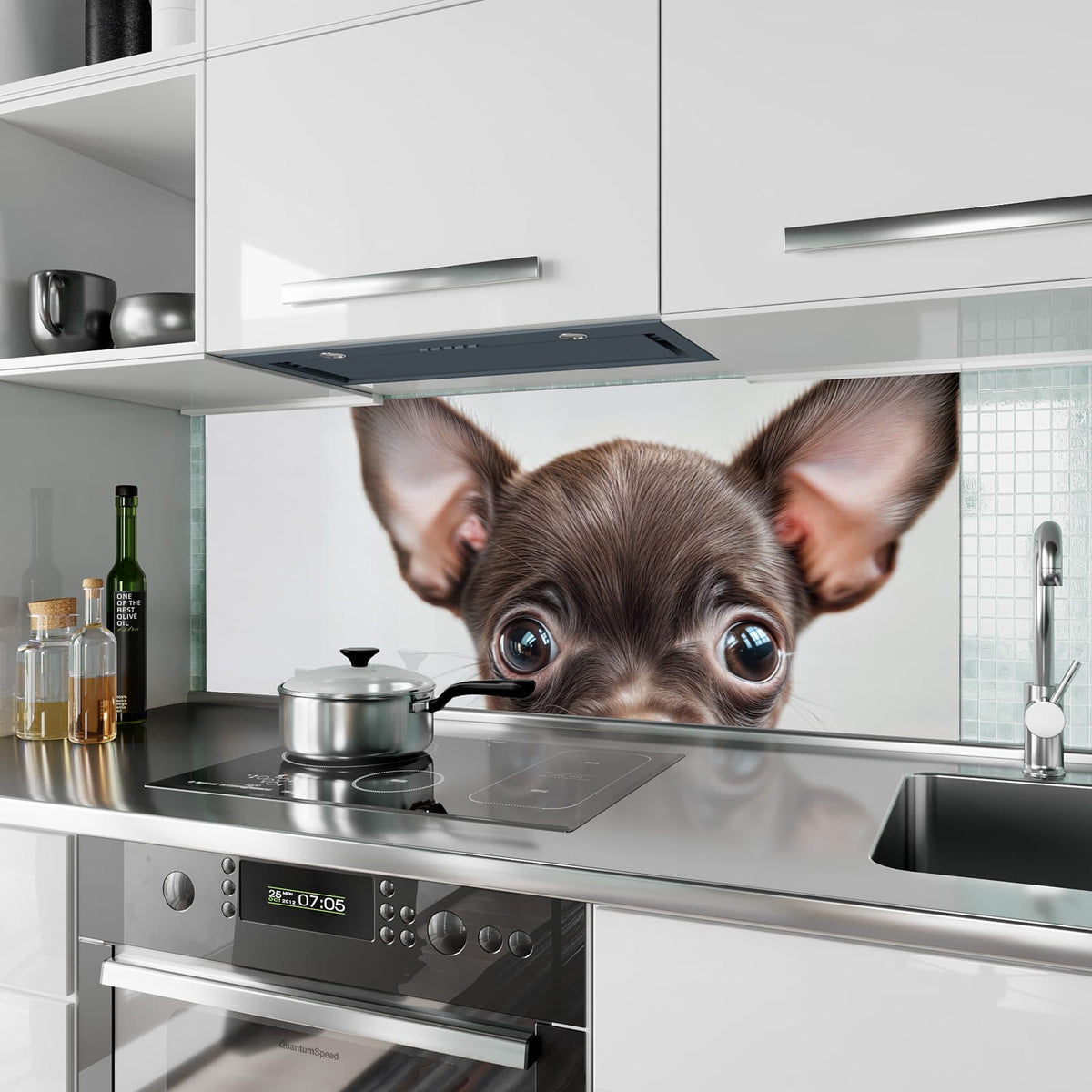 Küchenrückwand aus Glas Chihuahua mit Halsband im Hochformat als Spritzschutz hinter dem Kochfeld, über dem Fliesenspiegel montiert