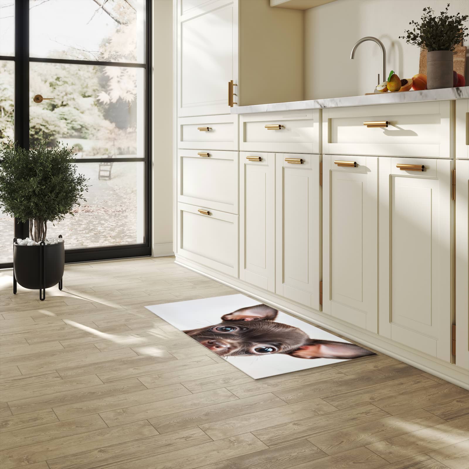 UV-beständiger Küchenläufer mit Motiv Niedlicher Welpenblick in heller Küche