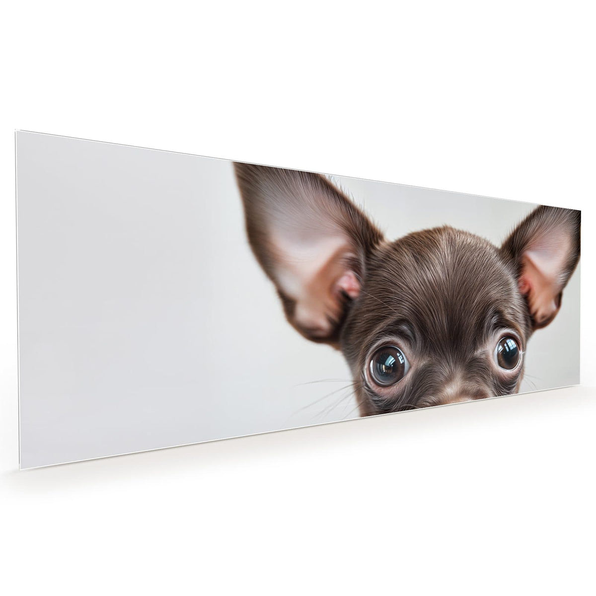 Küchenrückwand aus Glas im Hochformat mit Motiv Chihuahua mit Halsband: Schokobrauner Chihuahua-Welpe mit riesigen Ohren und Strasshalsband