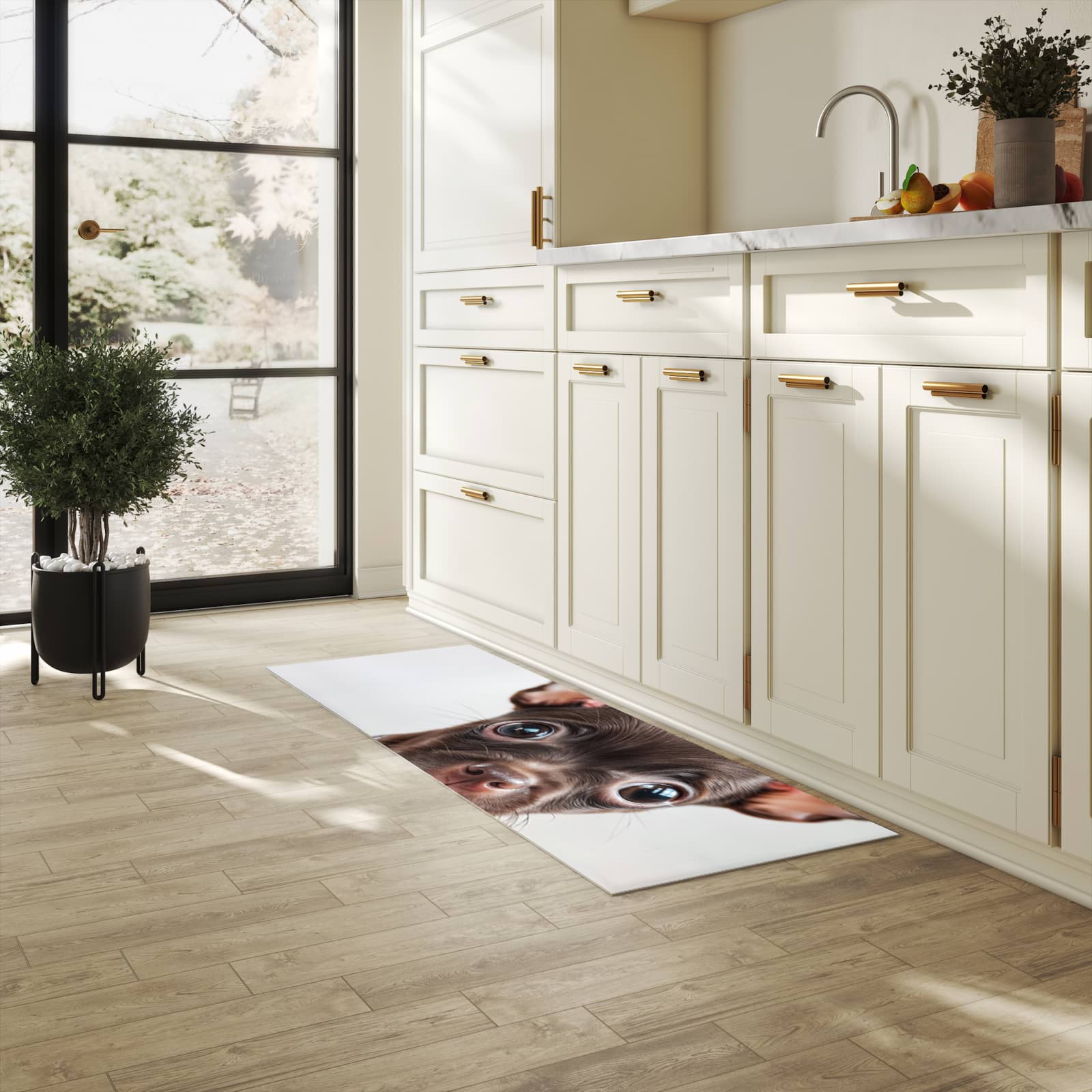 Wasserabweisender Küchenvorleger mit Motiv Niedlicher Welpenblick in heller Küche