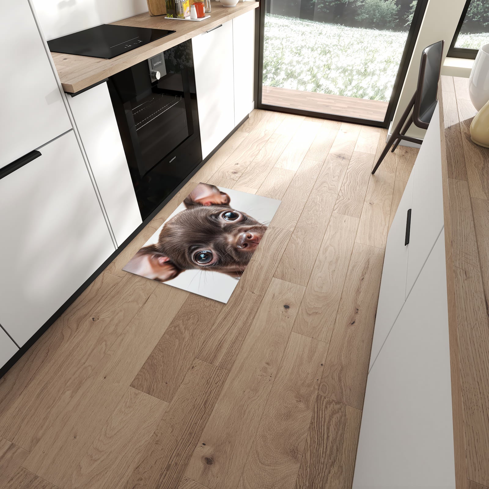 Schmutzabweisender Küchenteppich mit Motiv Niedlicher Welpenblick in moderner Küche