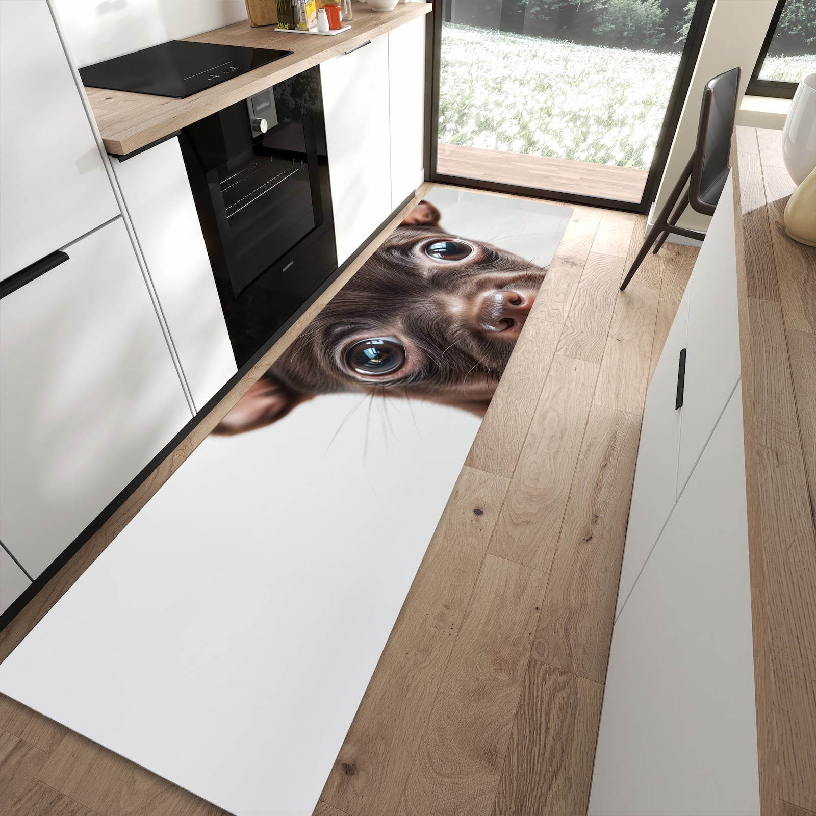 Pflegeleichter Küchenteppich mit Motiv Niedlicher Welpenblick in moderner Küche