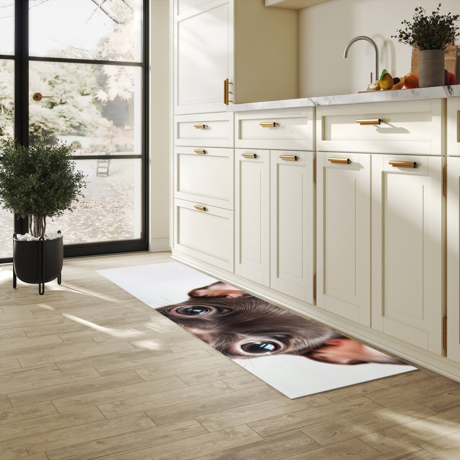 Fleckenresistenter waschbarer Teppich Küche mit Motiv Niedlicher Welpenblick in heller Küche
