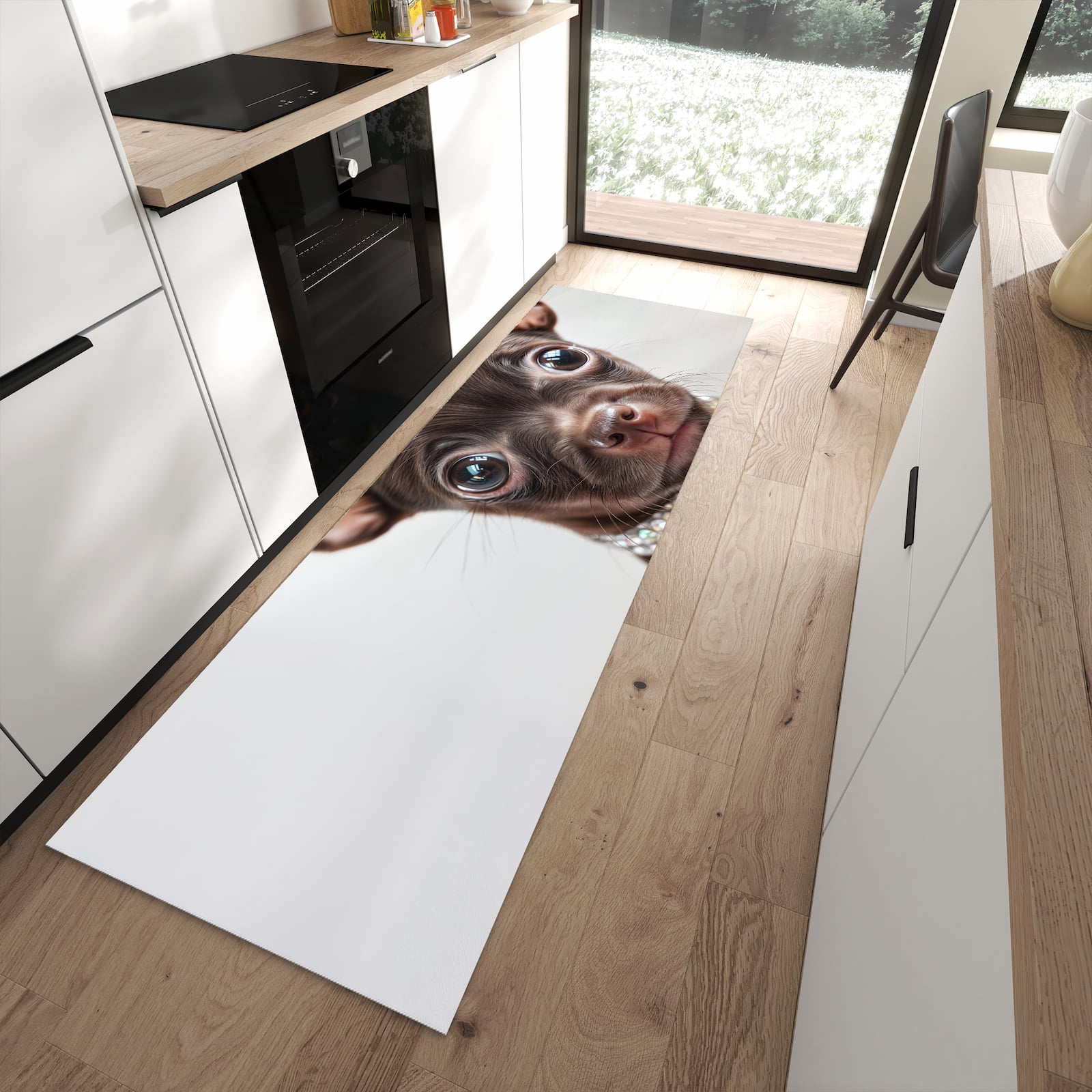 Langlebiger Küchenteppich mit Motiv Niedlicher Welpenblick in moderner Küche