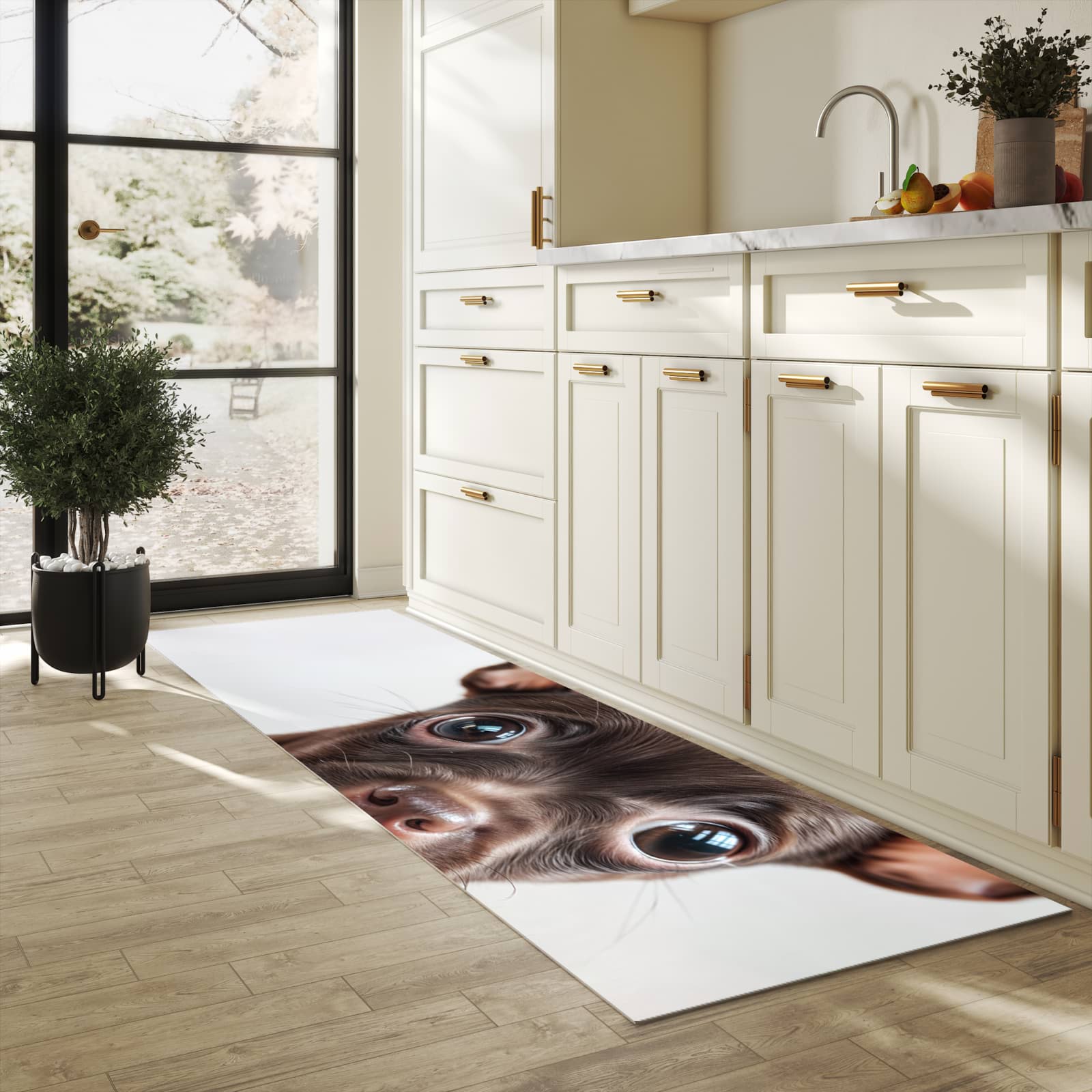 Komfortabler langer Teppich mit Motiv Niedlicher Welpenblick in heller Küche