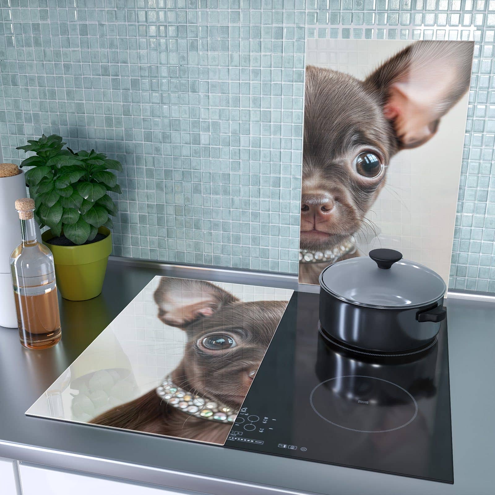2-teilige Herdabdeckung aus Glas mit Niedlicher Welpenblick-Motiv als Spritzschutz hinter dem Kochfeld